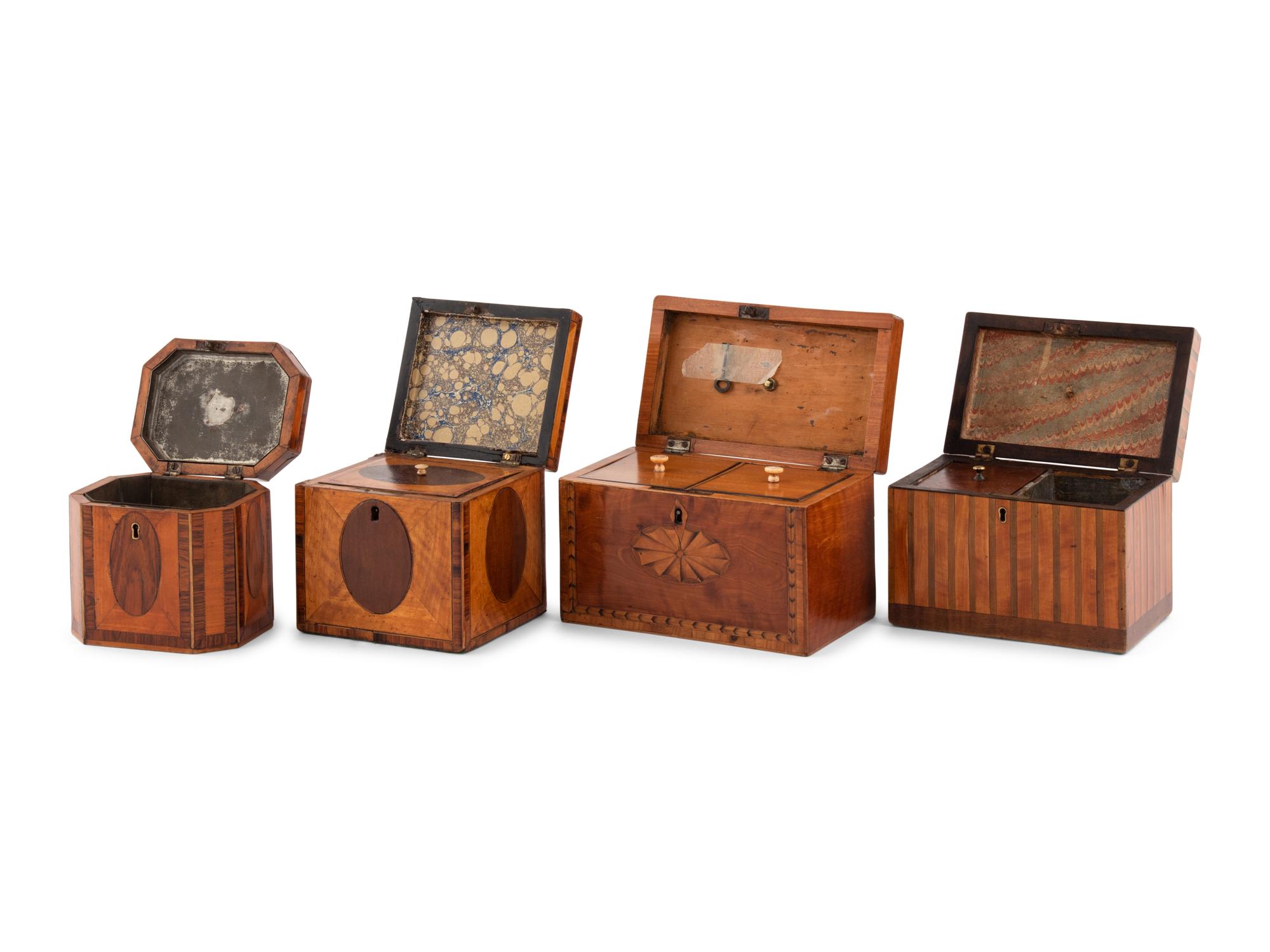 A Group of Four English Parquetry Tea Caddies