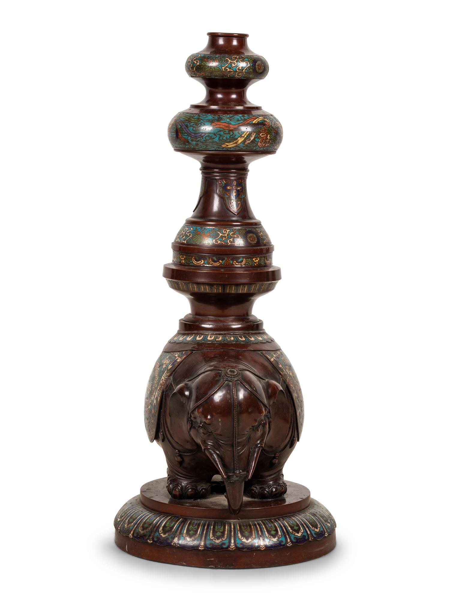 A Large Japanese Champlevé and Bronze Candle Holder