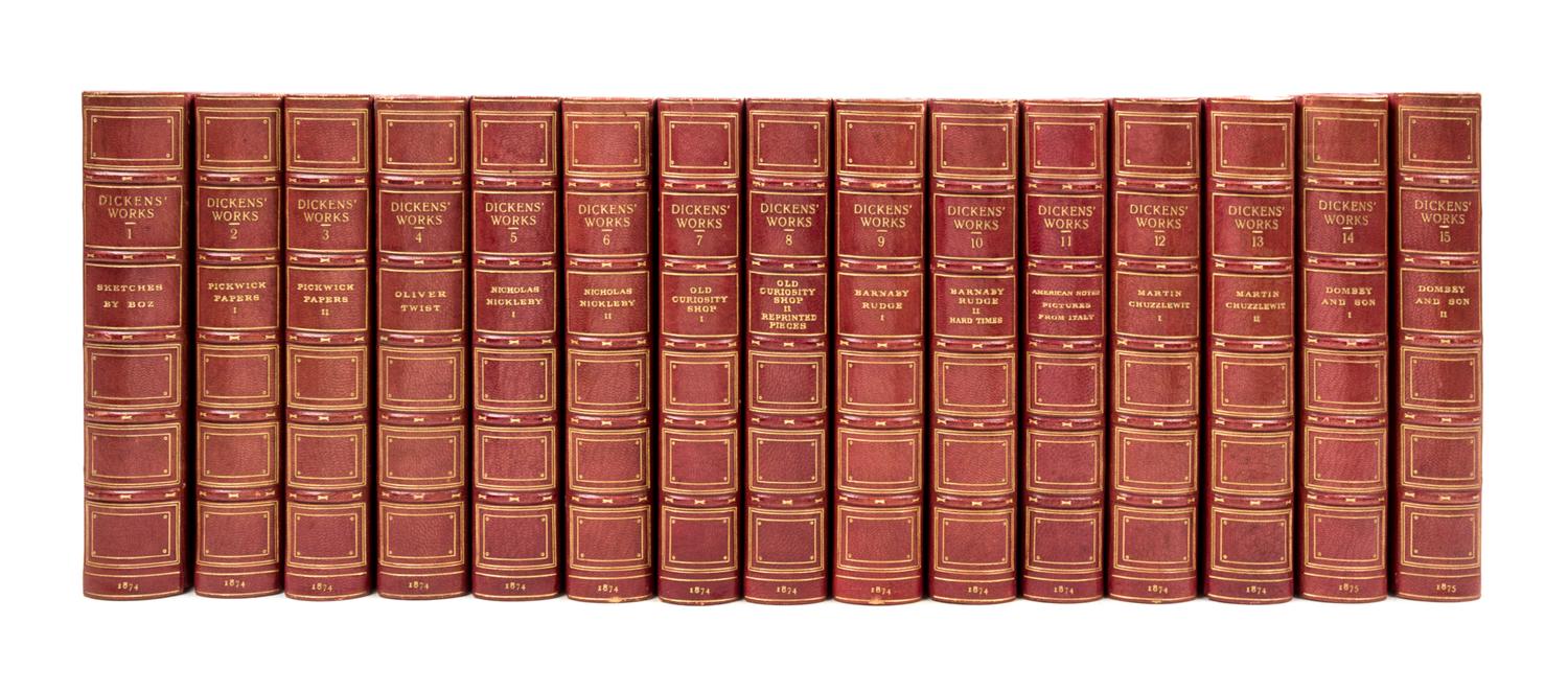DICKENS, CHARLES. Works. London, 1874-76. 30 vols. Bound by Bayntun.