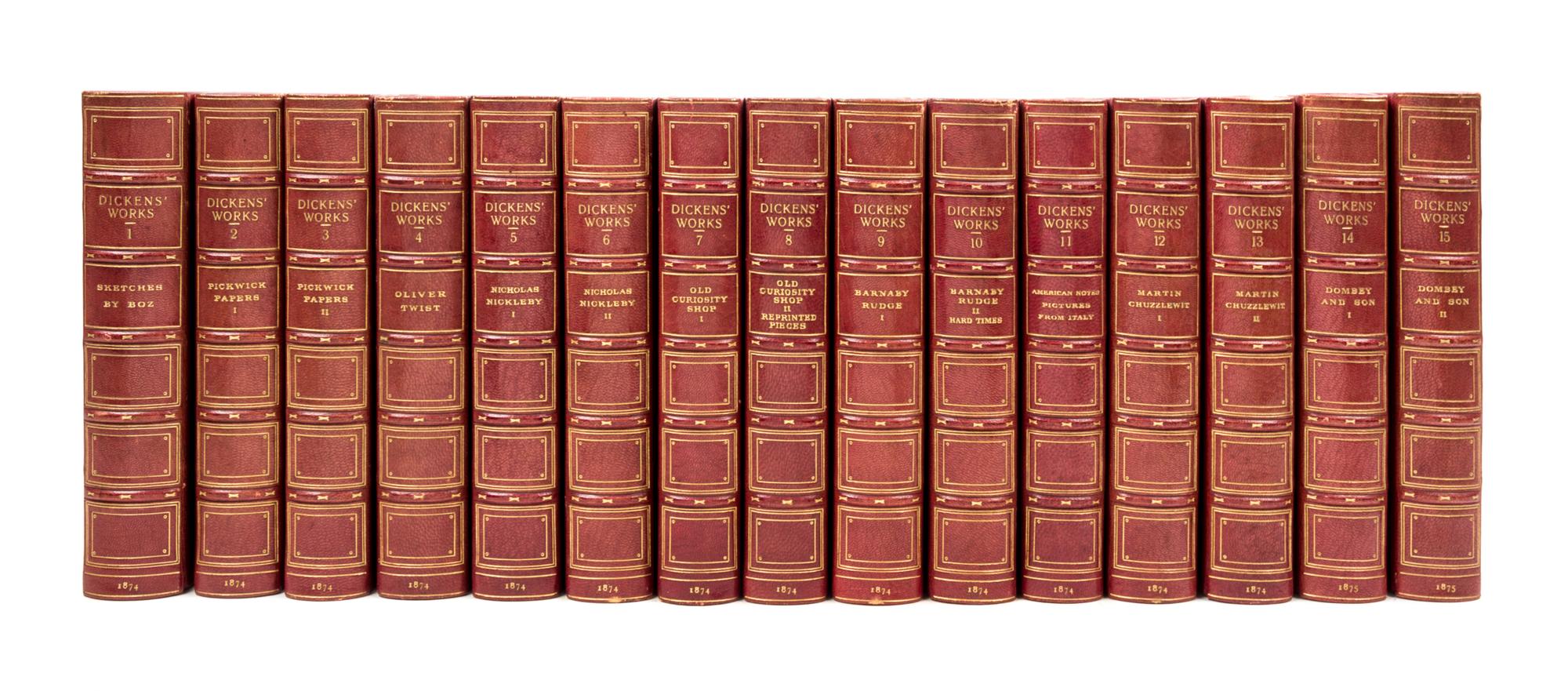 DICKENS, CHARLES. Works. London, 1874-76. 30 vols. Bound by Bayntun.
