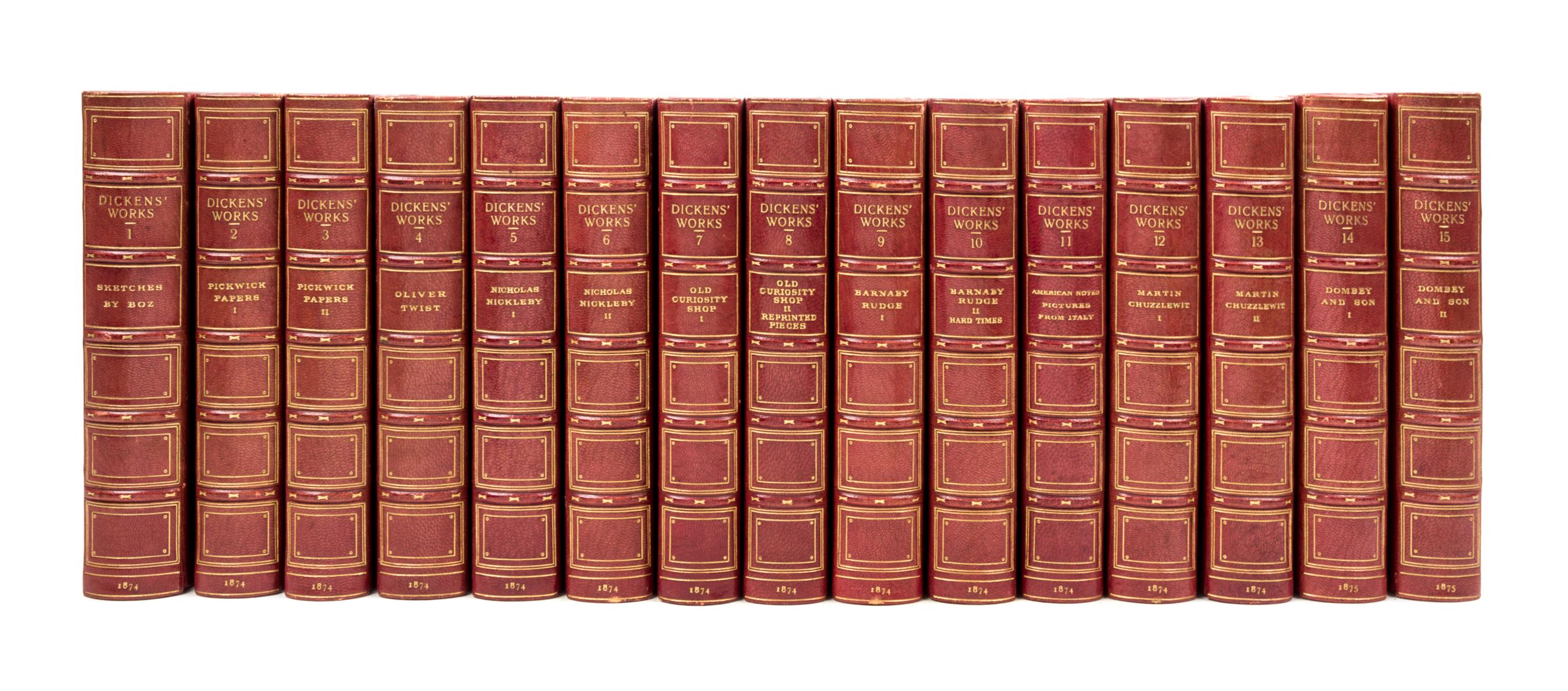 DICKENS, CHARLES. Works. London, 1874-76. 30 vols. Bound by Bayntun.