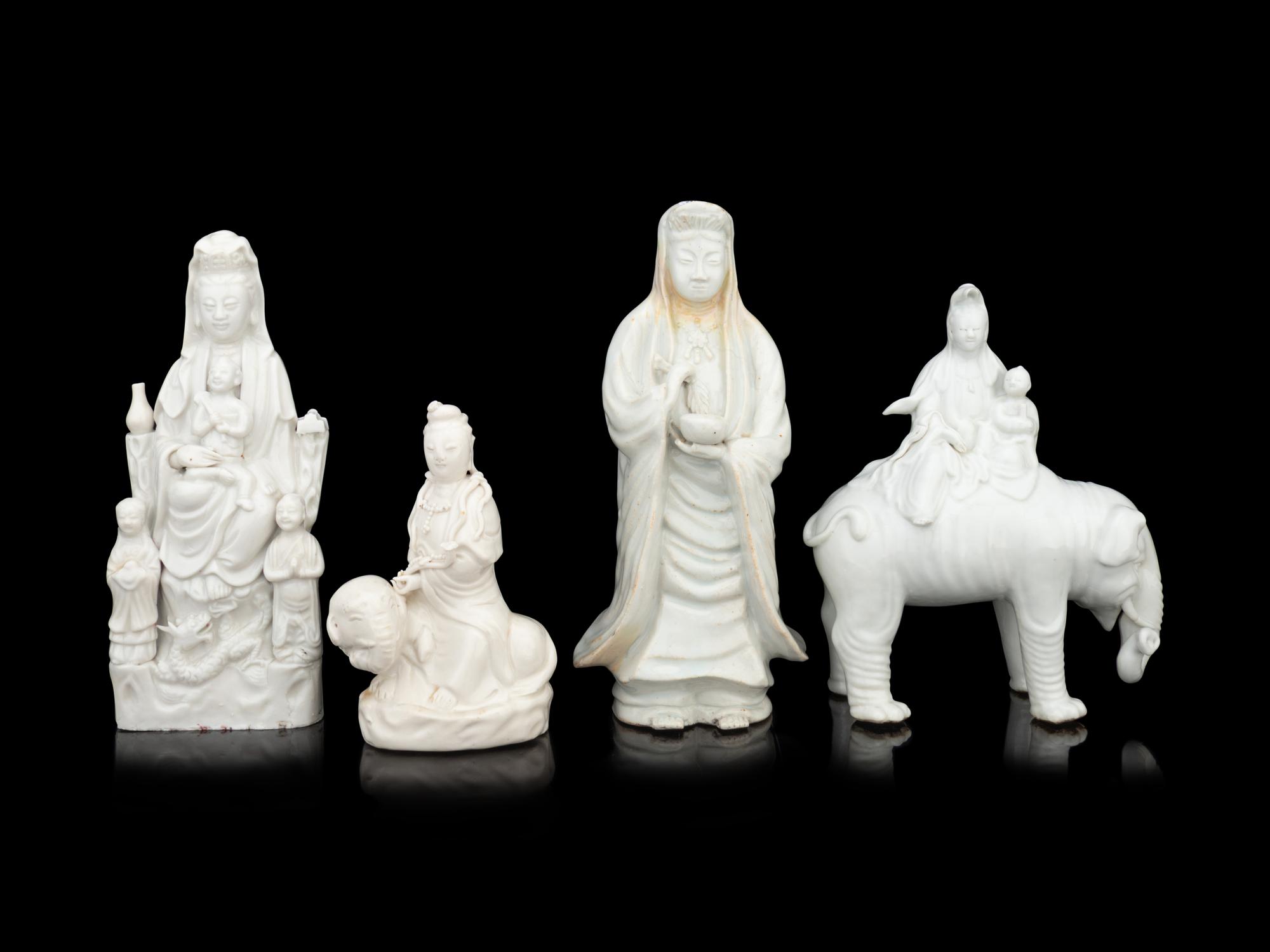 Four Chinese Blanc-de-Chine Porcelain Figures of Guanyin