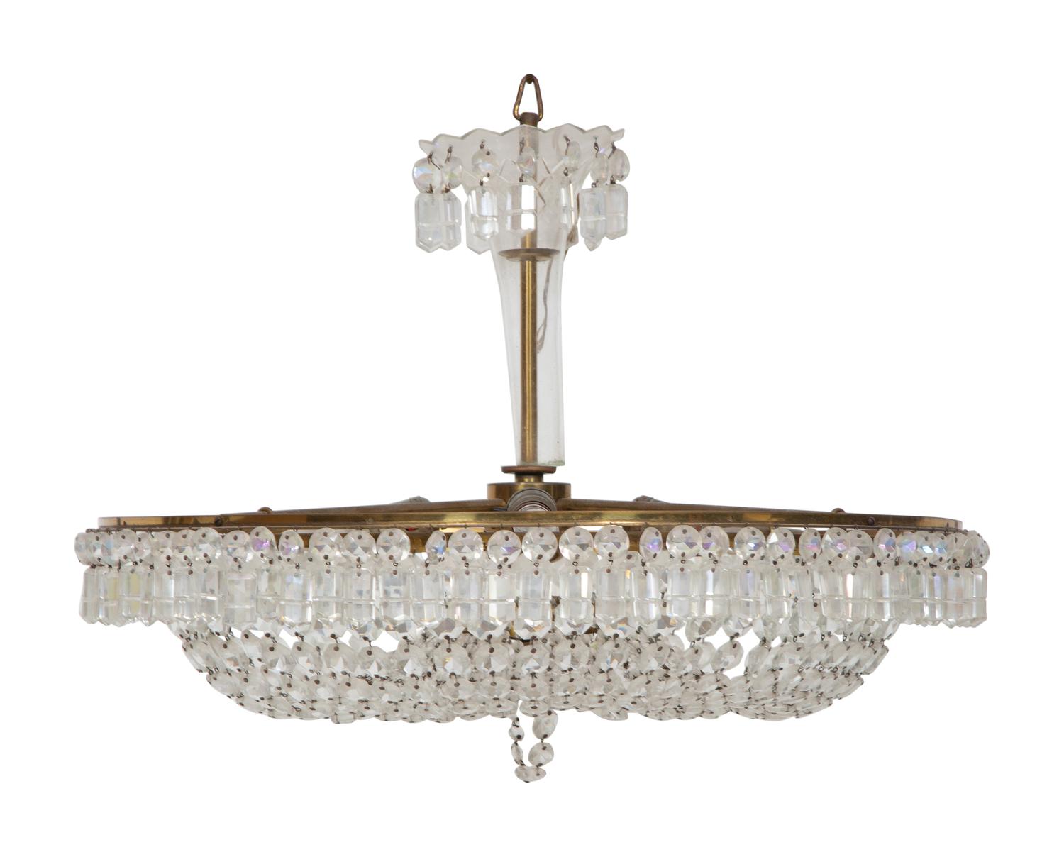 An Empire Style Brass and Glass-Beaded Pendant Chandelier