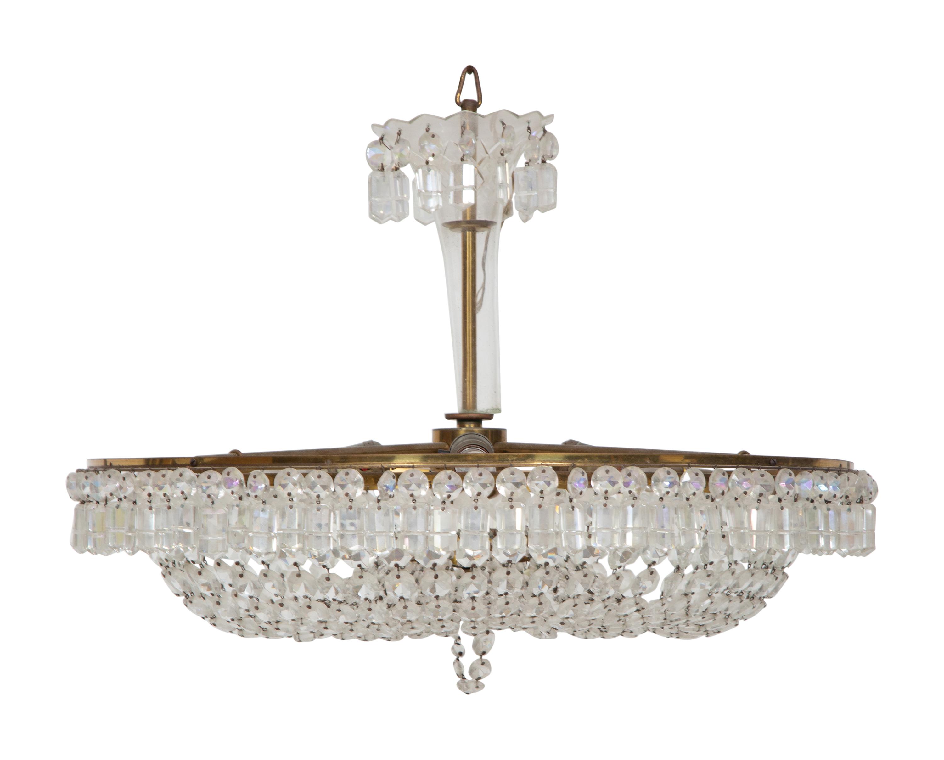An Empire Style Brass and Glass-Beaded Pendant Chandelier