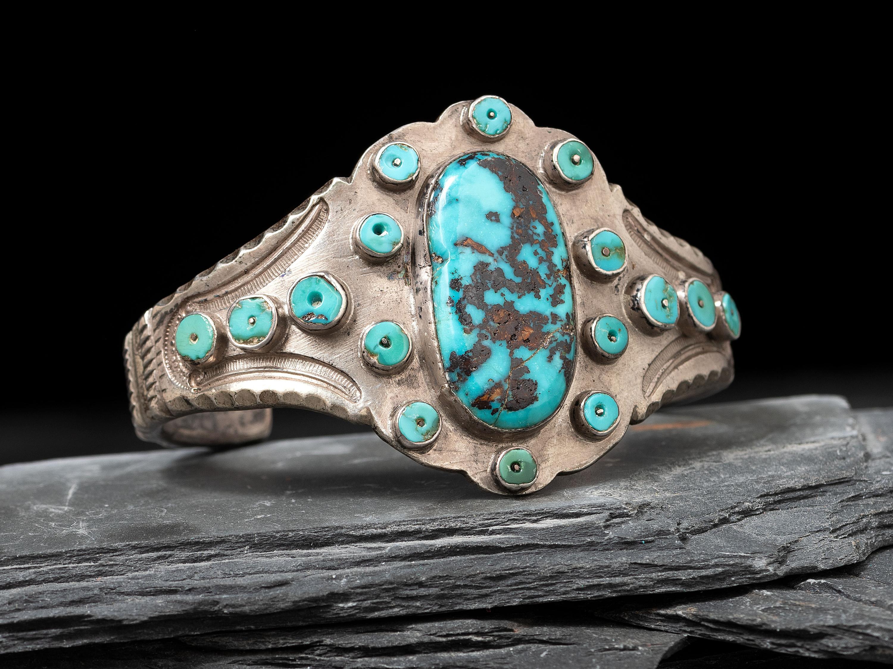 Navajo Turquoise Cluster Ingot Cuff Bracelet, Collected by Hoffman Birney (1891-1958)