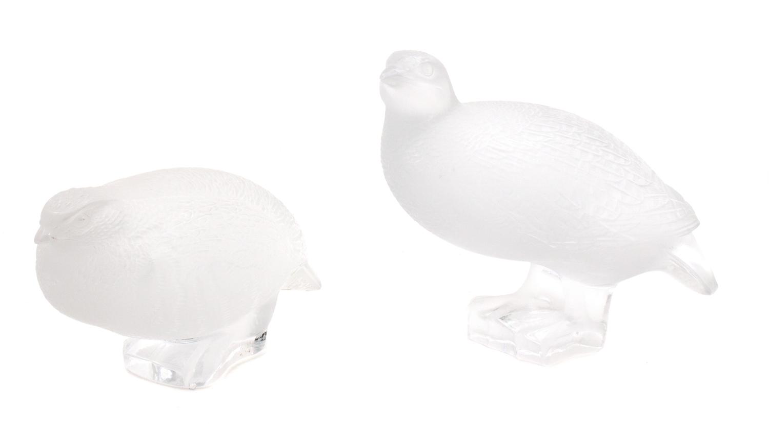 Two Lalique Opalescent Etched Glass Quail Height of taller 5 inches. — 20TH CENTURY