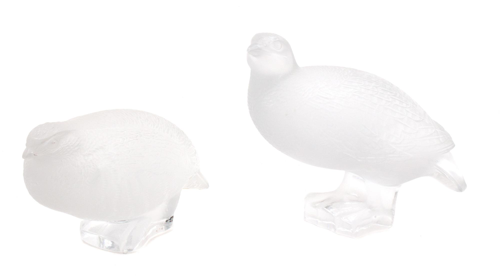 Two Lalique Opalescent Etched Glass Quail Height of taller 5 inches. — 20TH CENTURY