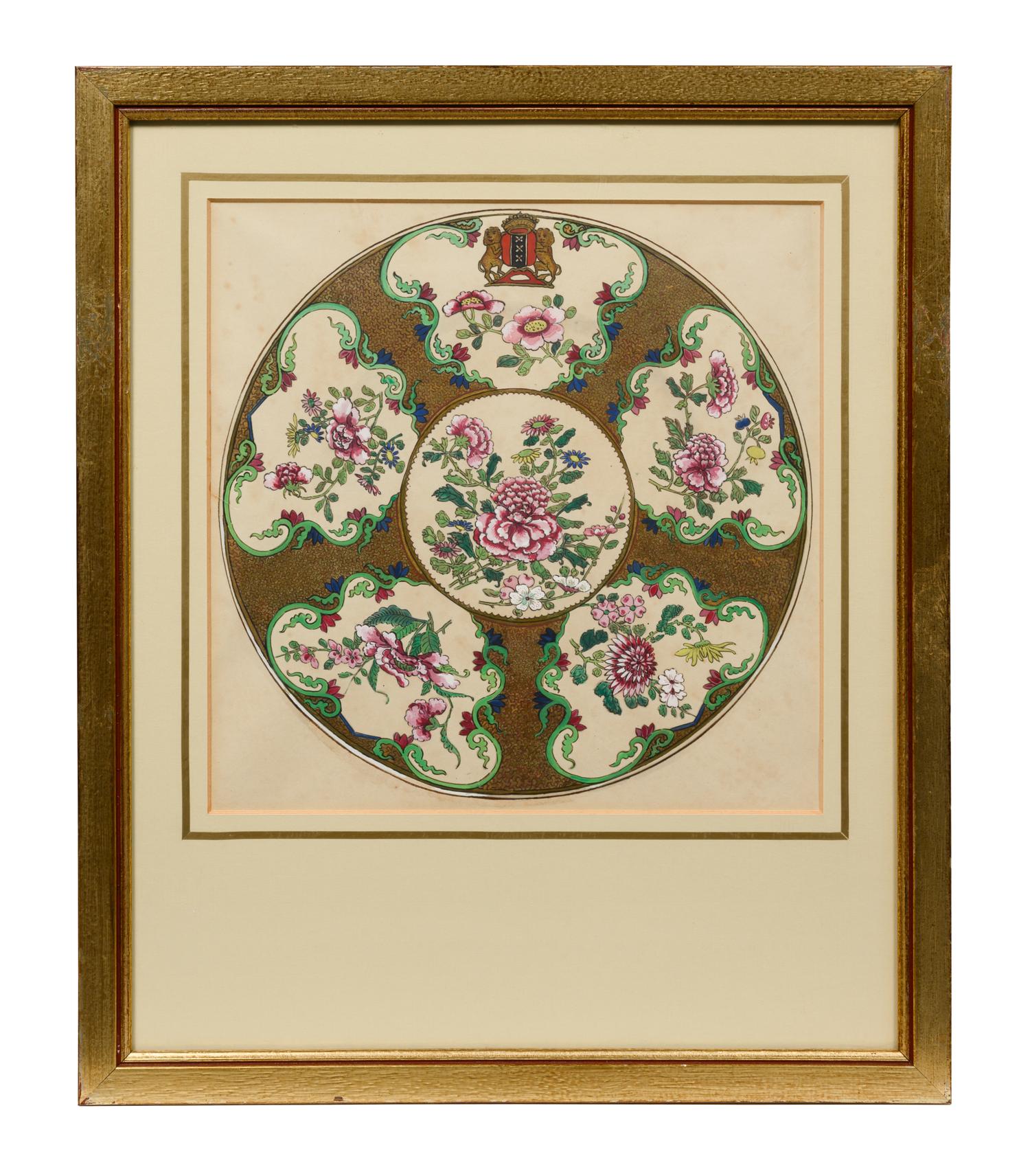 Five Parcel Gilt Watercolor Paintings of Armorial Porcelain Designs