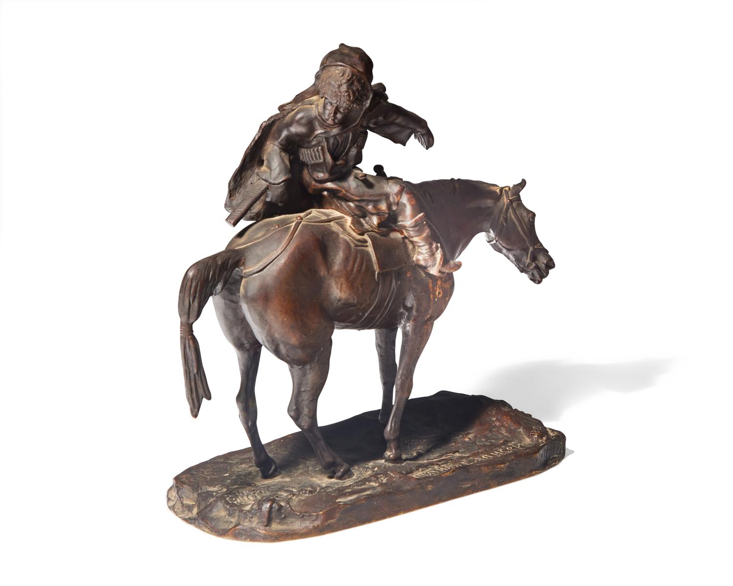After Evgeni Alexandrovich Lanceray (Russian, 1848-1886), A Bronze Sculpture of a Soldier on Horseback