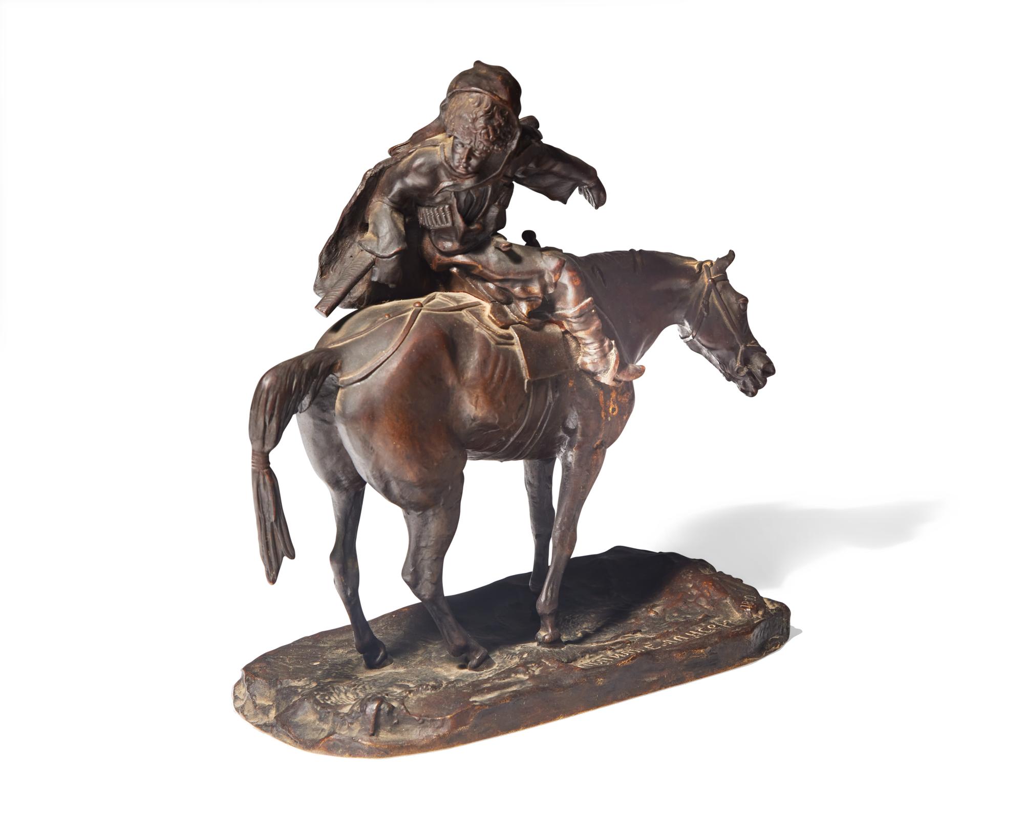 After Evgeni Alexandrovich Lanceray (Russian, 1848-1886), A Bronze Sculpture of a Soldier on Horseback