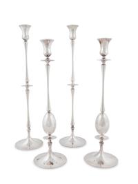 Four American Silvered Metal Modernist Candlesticks — Ted Muehling, New York, NY, 20th Century