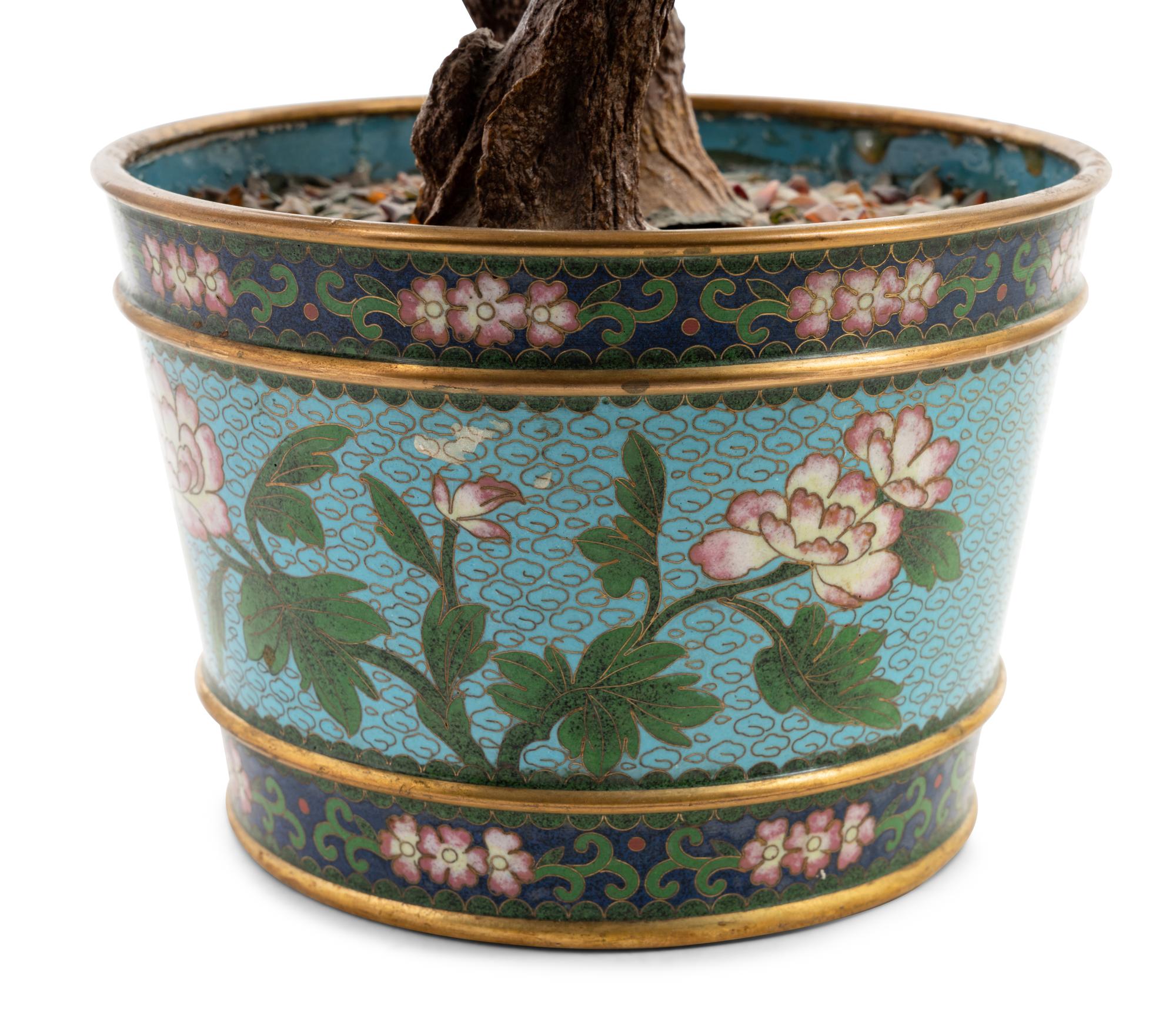 A Chinese Hardstone Tree in a Cloisonné Enamel Jardinière