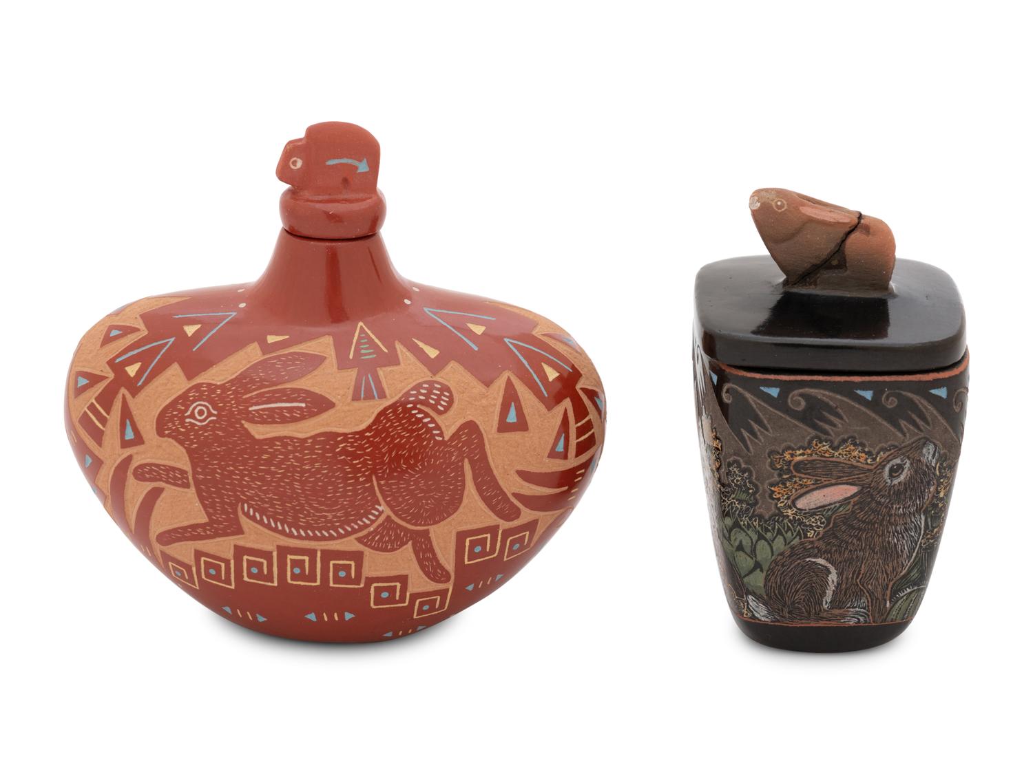 Miniature Sgraffito Lidded Seed Jars
