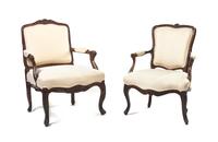 A Near Pair of Louis XV Style Oak Fauteuils, Height of taller 36 inches.
