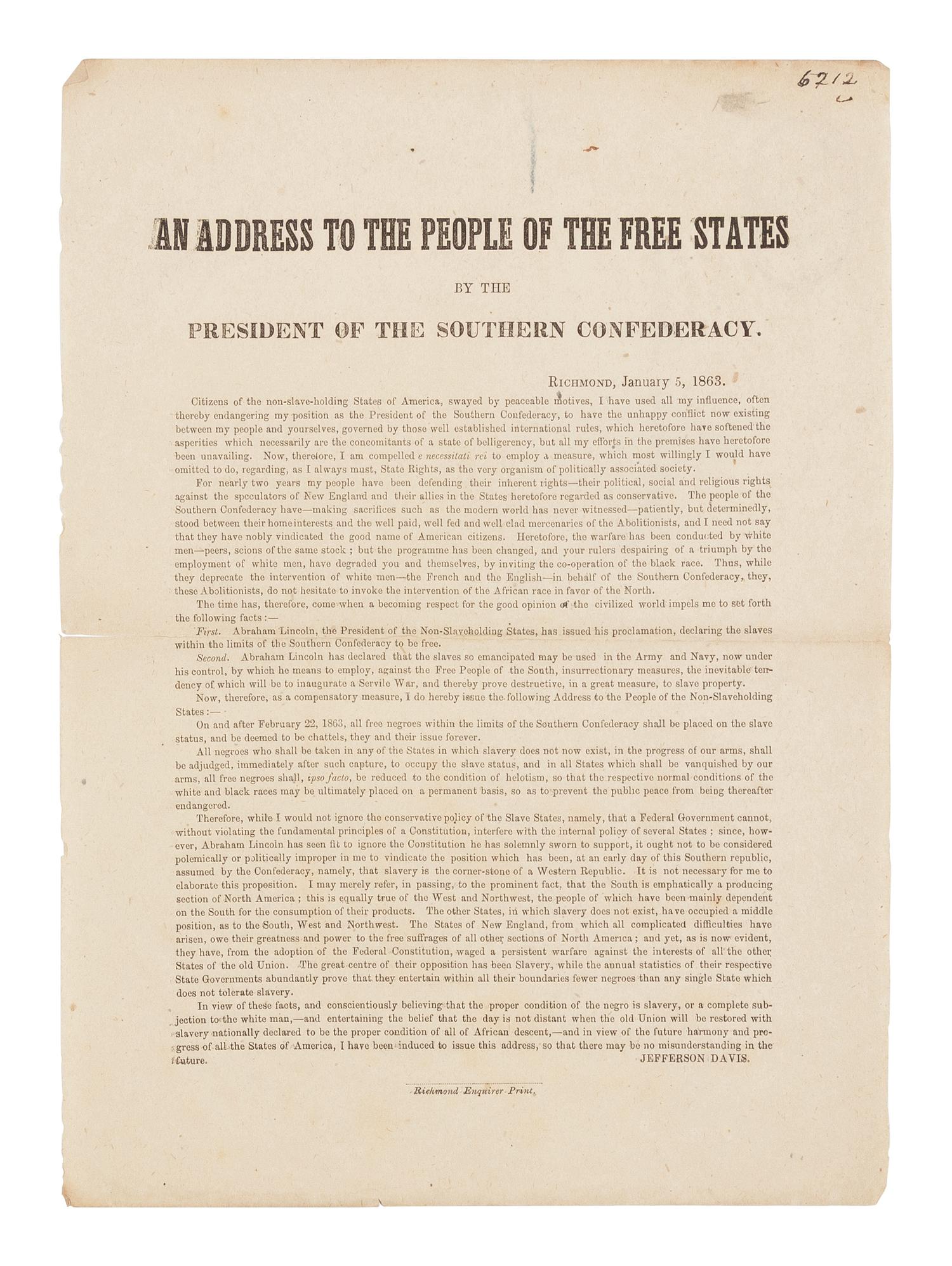 [RESPONSE TO THE EMANCIPATION PROCLAMATION]. [DAVIS, Jefferson (1808-1889)]. An Address to the People of the Free States by the President of the Southern Confederacy . Richmond: Richmond Enquirer Print, 5 January 1863.