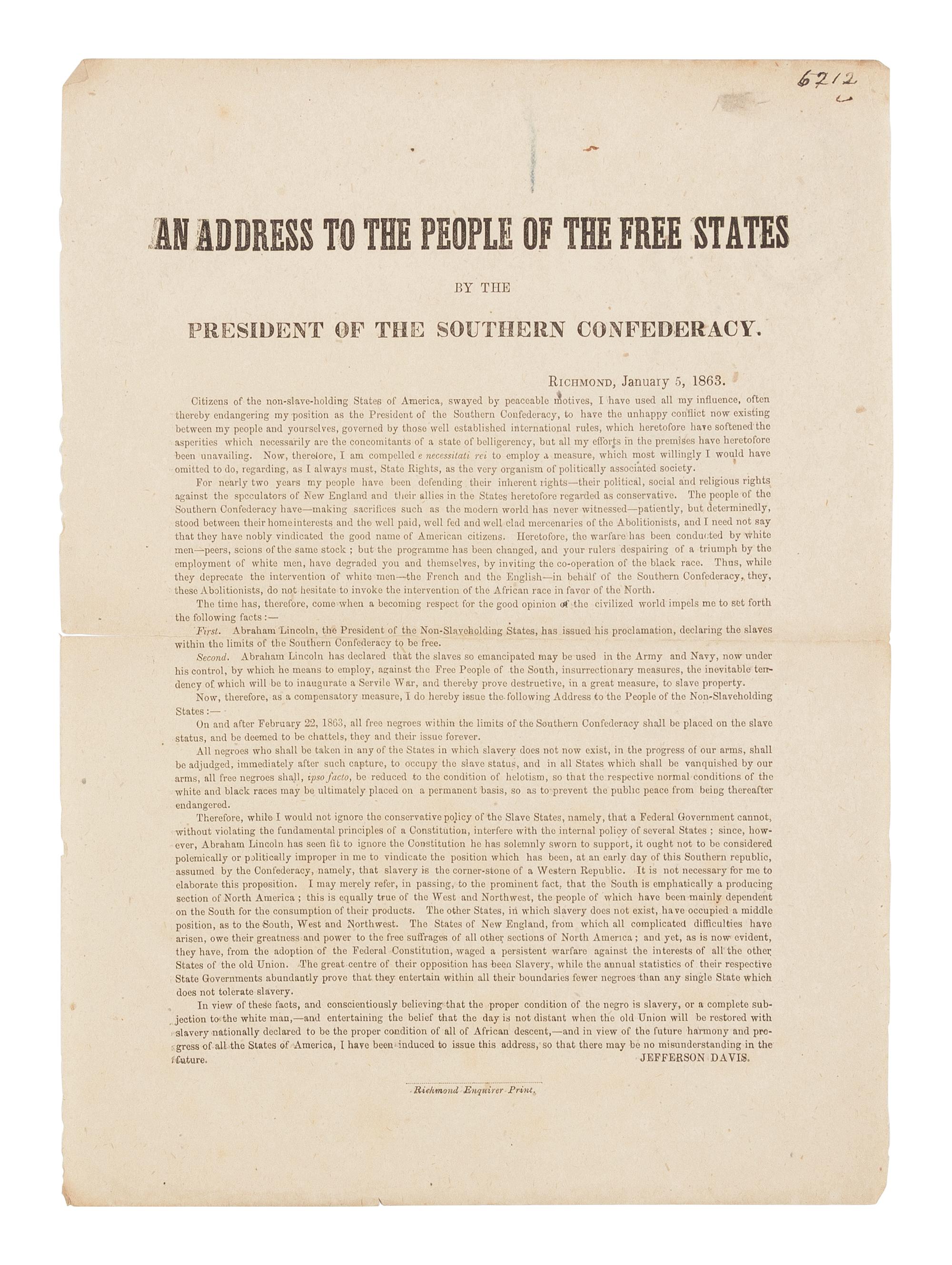 [RESPONSE TO THE EMANCIPATION PROCLAMATION]. [DAVIS, Jefferson (1808-1889)]. An Address to the People of the Free States by the President of the Southern Confederacy . Richmond: Richmond Enquirer Print, 5 January 1863.