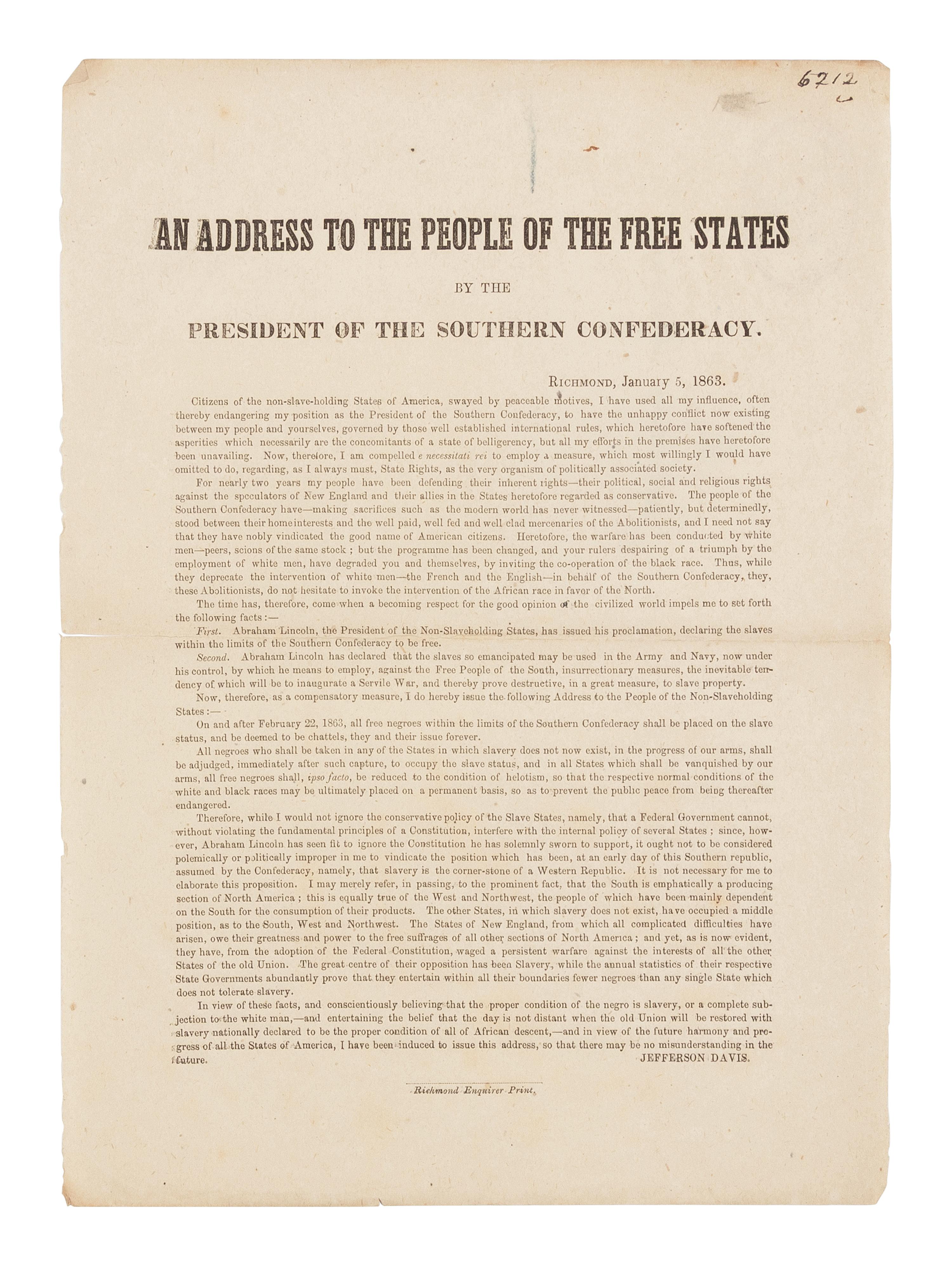 [RESPONSE TO THE EMANCIPATION PROCLAMATION]. [DAVIS, Jefferson (1808-1889)]. An Address to the People of the Free States by the President of the Southern Confederacy . Richmond: Richmond Enquirer Print, 5 January 1863.