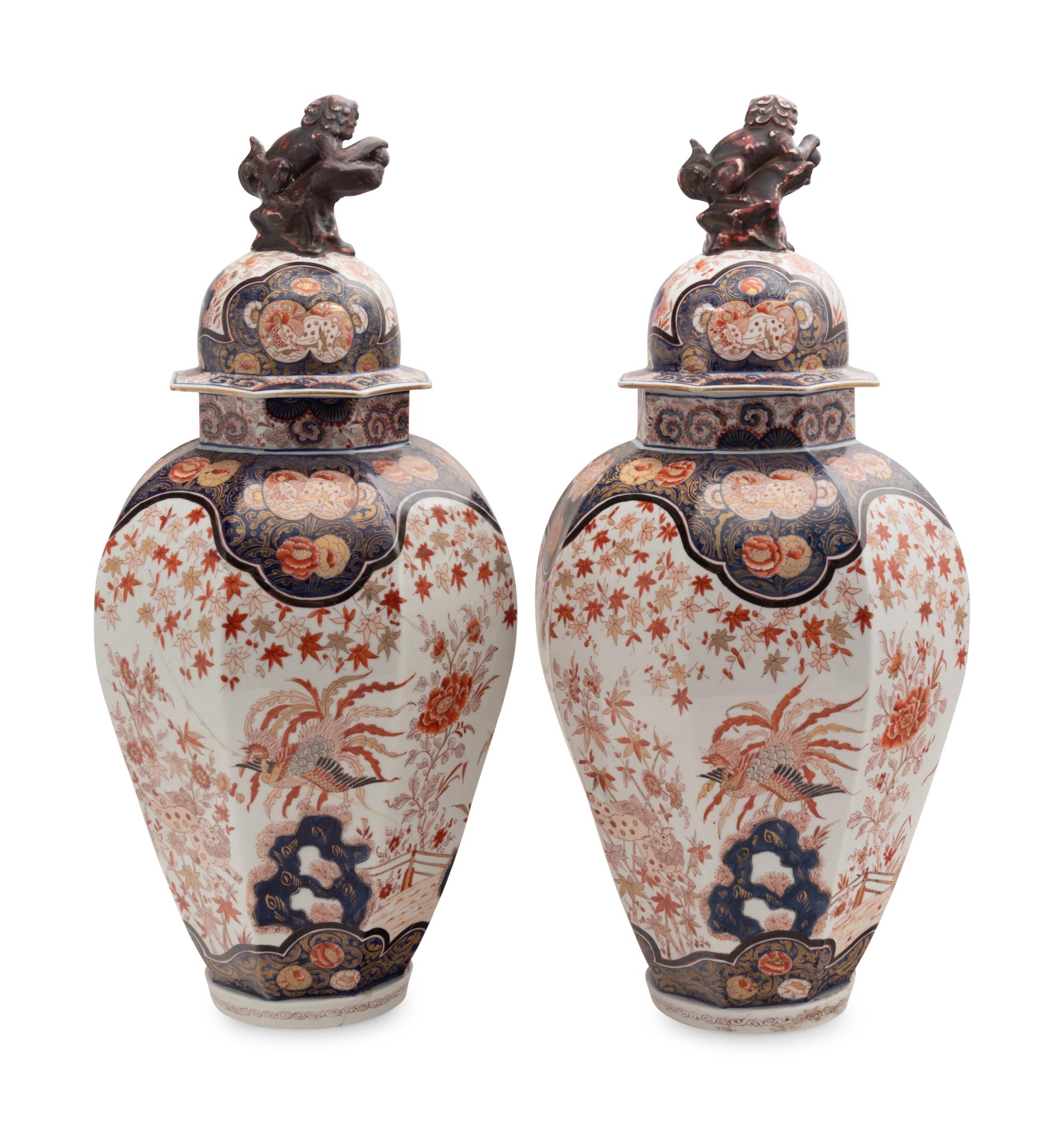A Pair of Japanese Imari Baluster Covered Jars