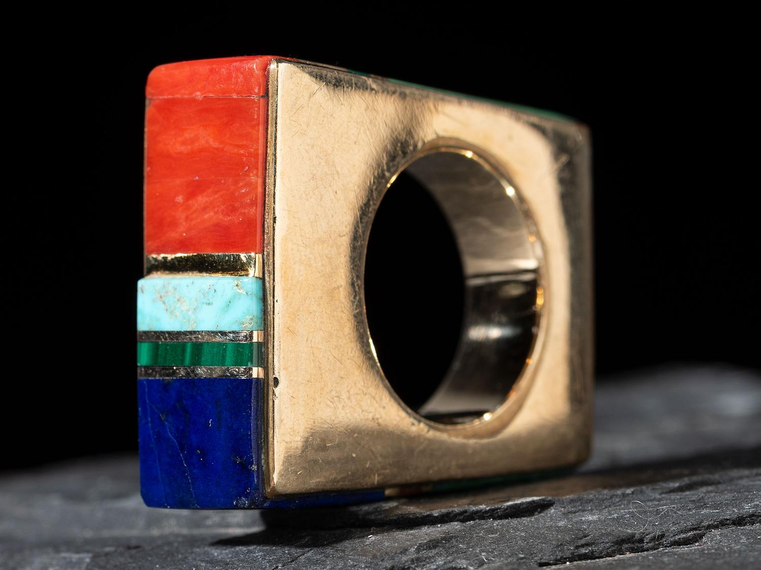 14K Gold and Mosaic Inlay Squared Ring