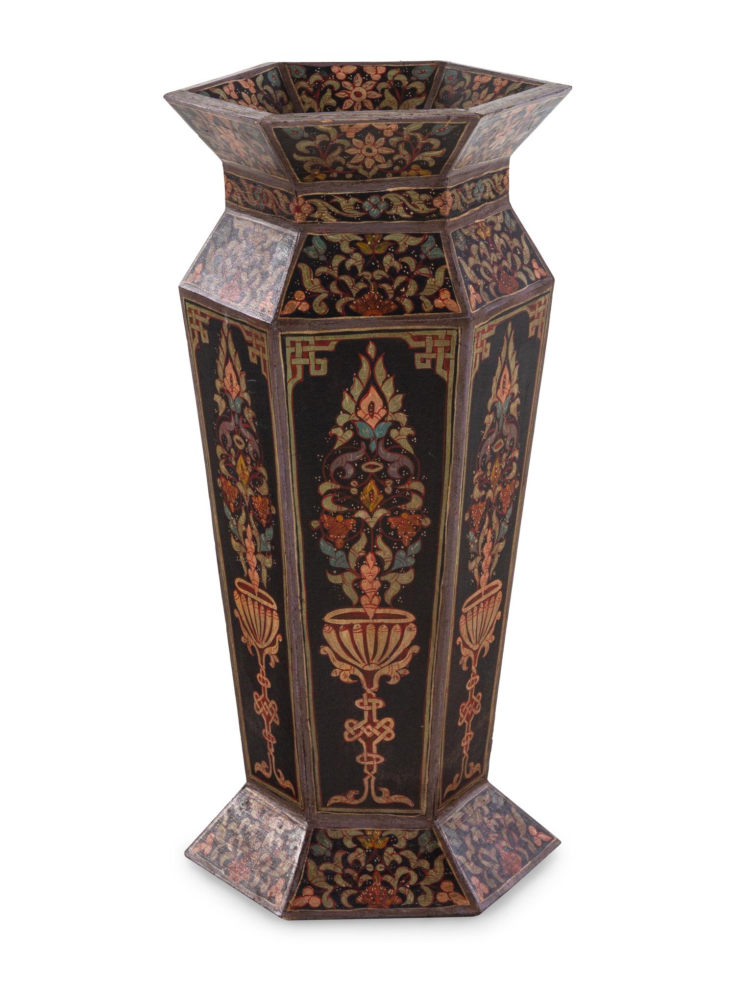 A Continental Painted Wood Hexagonal Hall Vase