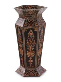 A Continental Painted Wood Hexagonal Hall Vase