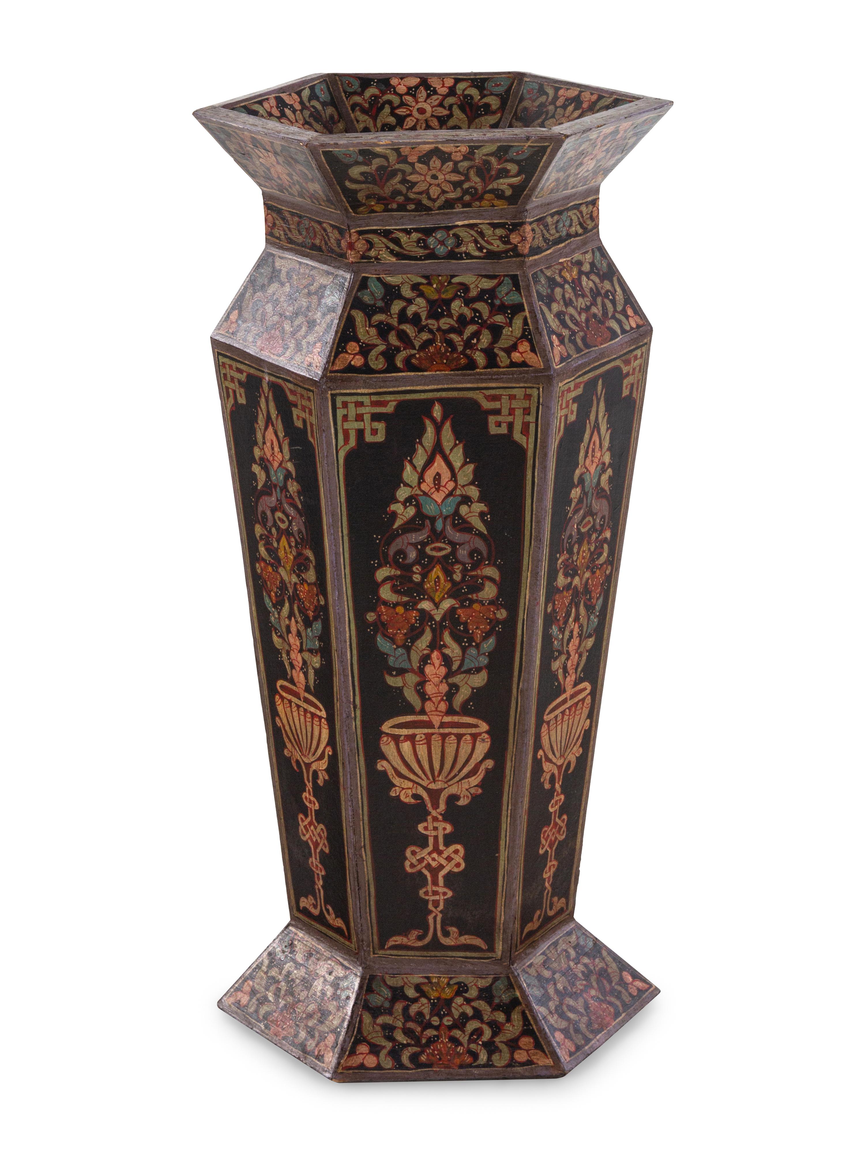 A Continental Painted Wood Hexagonal Hall Vase
