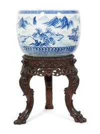 A Pair of Chinese Blue and White Porcelain Jardinières with Associated Stands