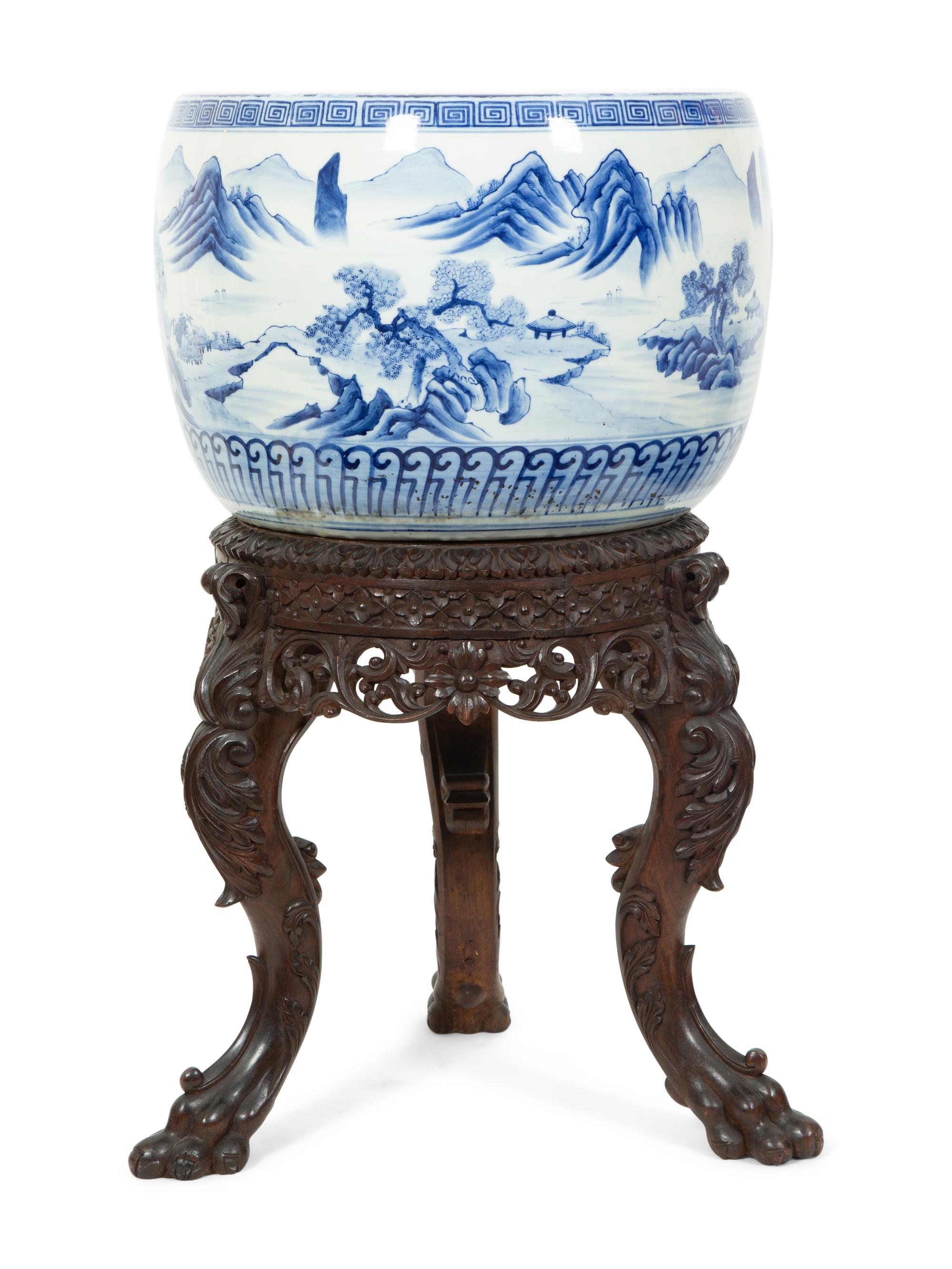 A Pair of Chinese Blue and White Porcelain Jardinières with Associated Stands