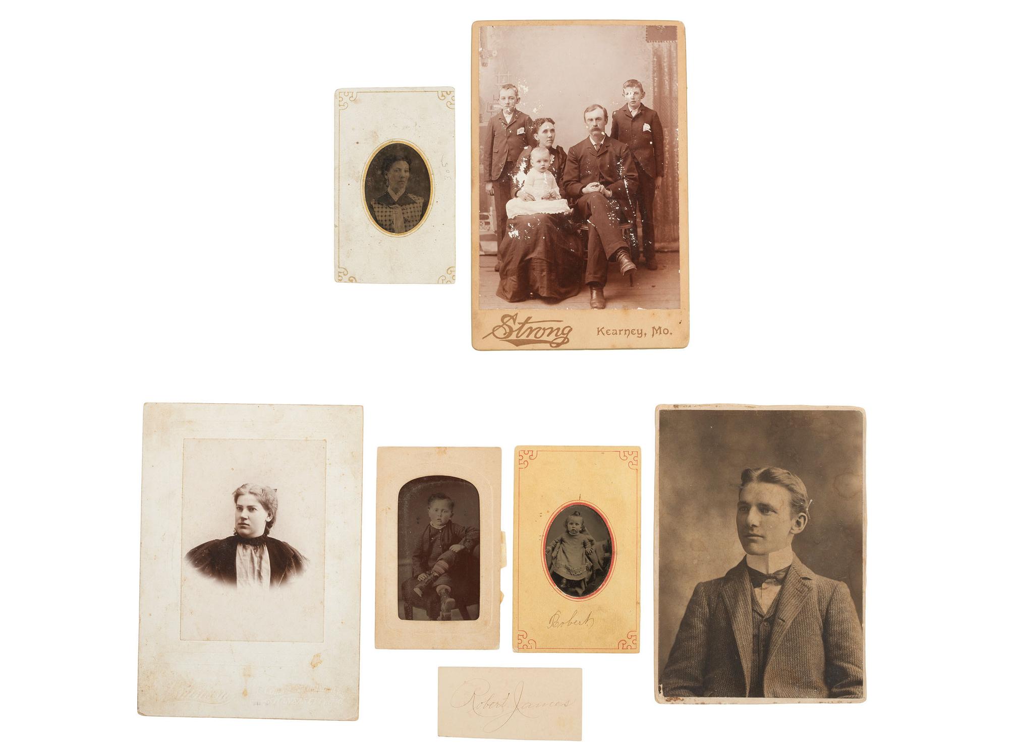 Western Outlaws [JAMES, Jesse (1847-1882)]. Collection of photographs of family members of Frank and Jesse James, incl. display featuring cabinet card photographs of their mother Zerelda James.