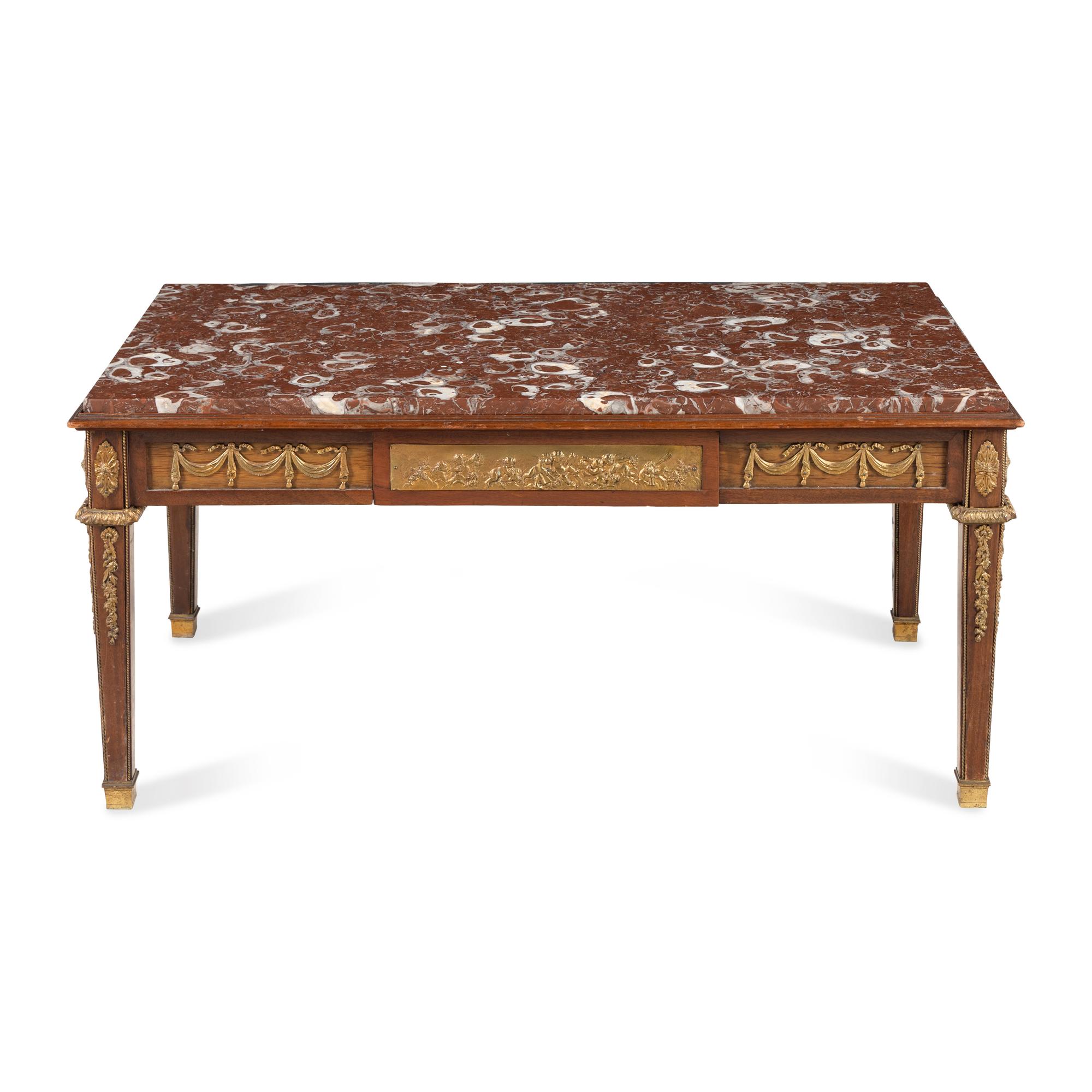 A French Gilt Bronze Mounted Mahogany and Marble-Top Low Table