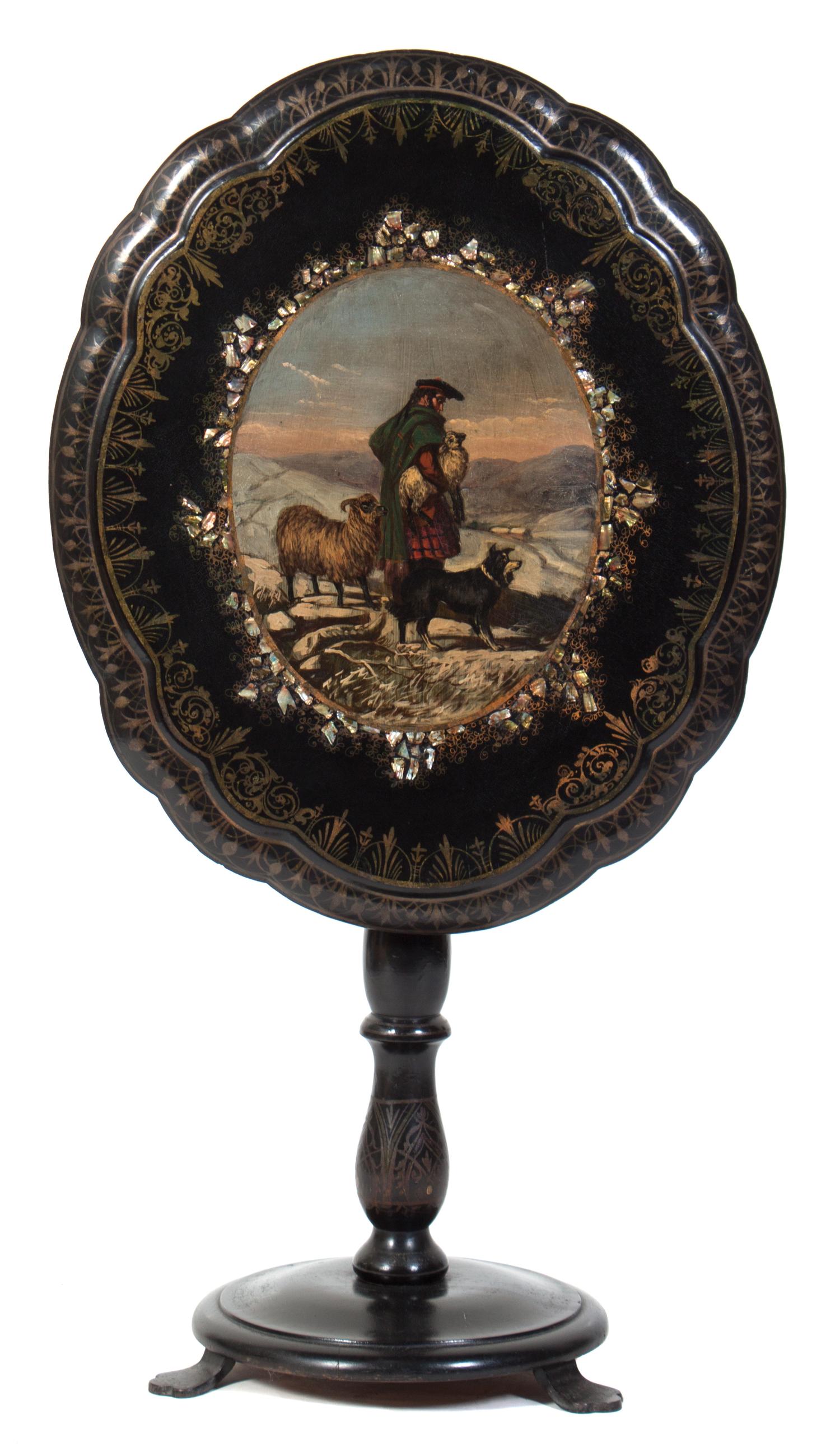 An Ebonized and Parcel Gilt Hand Painted Tilt-Top Table Height 42 inches.