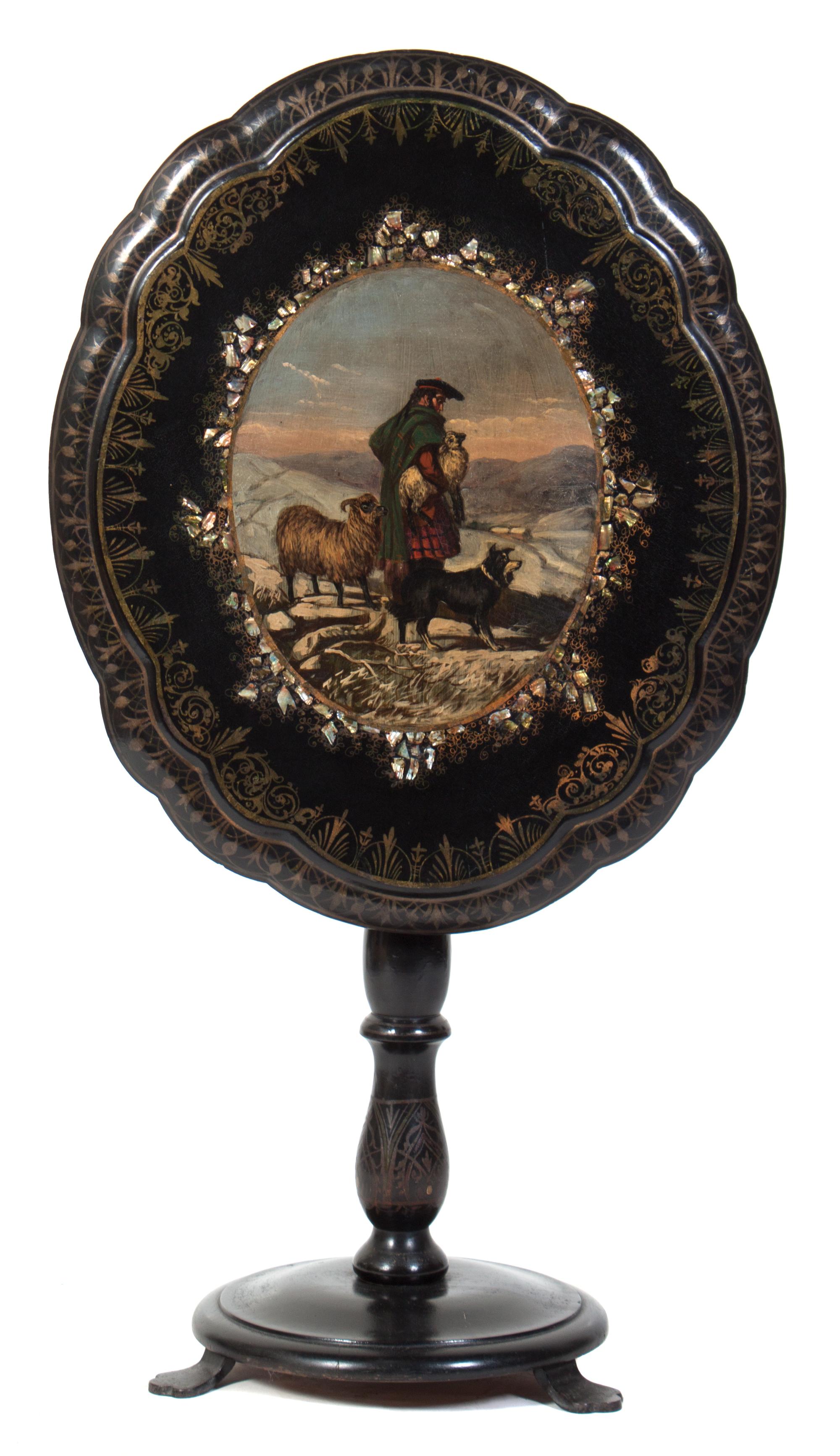 An Ebonized and Parcel Gilt Hand Painted Tilt-Top Table Height 42 inches.