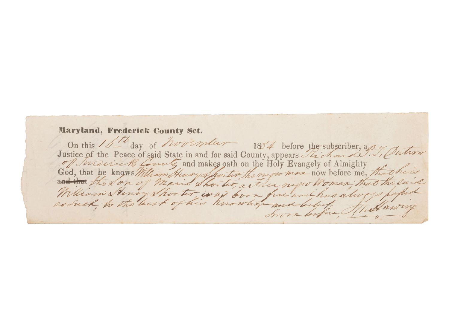 [AFRICAN AMERICANA]. Freedom papers identified to William Henry Shorter, "the son of Maria Shorter, a Free negro woman." Frederick County, Maryland. 14 November 1854.