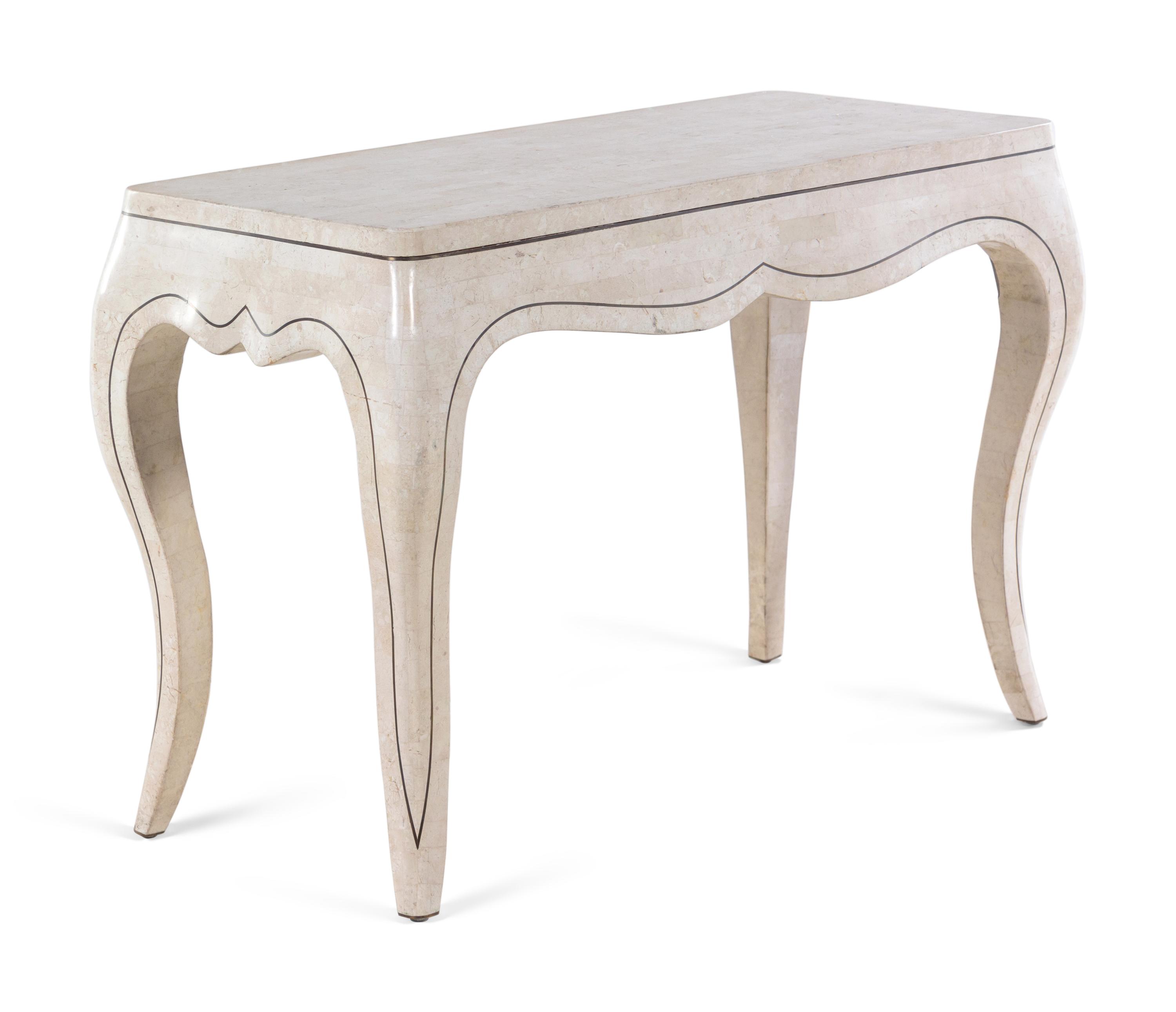 A Louis XV Style Marble Veneered and Brass Inlaid Console Table