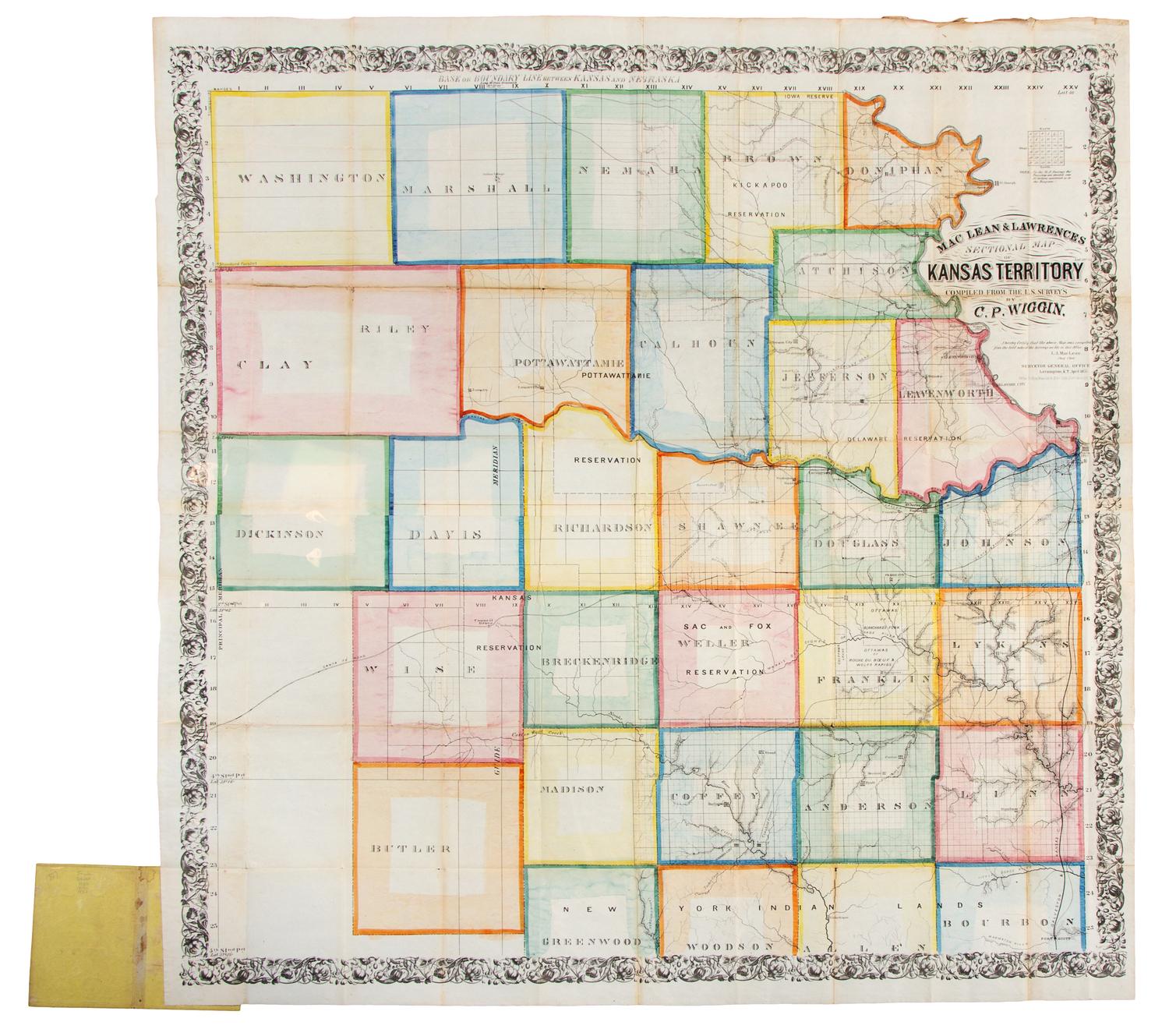 WIGGIN, C.P. Mac Lean & Lawrences Sectional Map of Kansas Territory. Pittsburg [sic]: Wm. Schuchman & Bro. Lith., 1857.