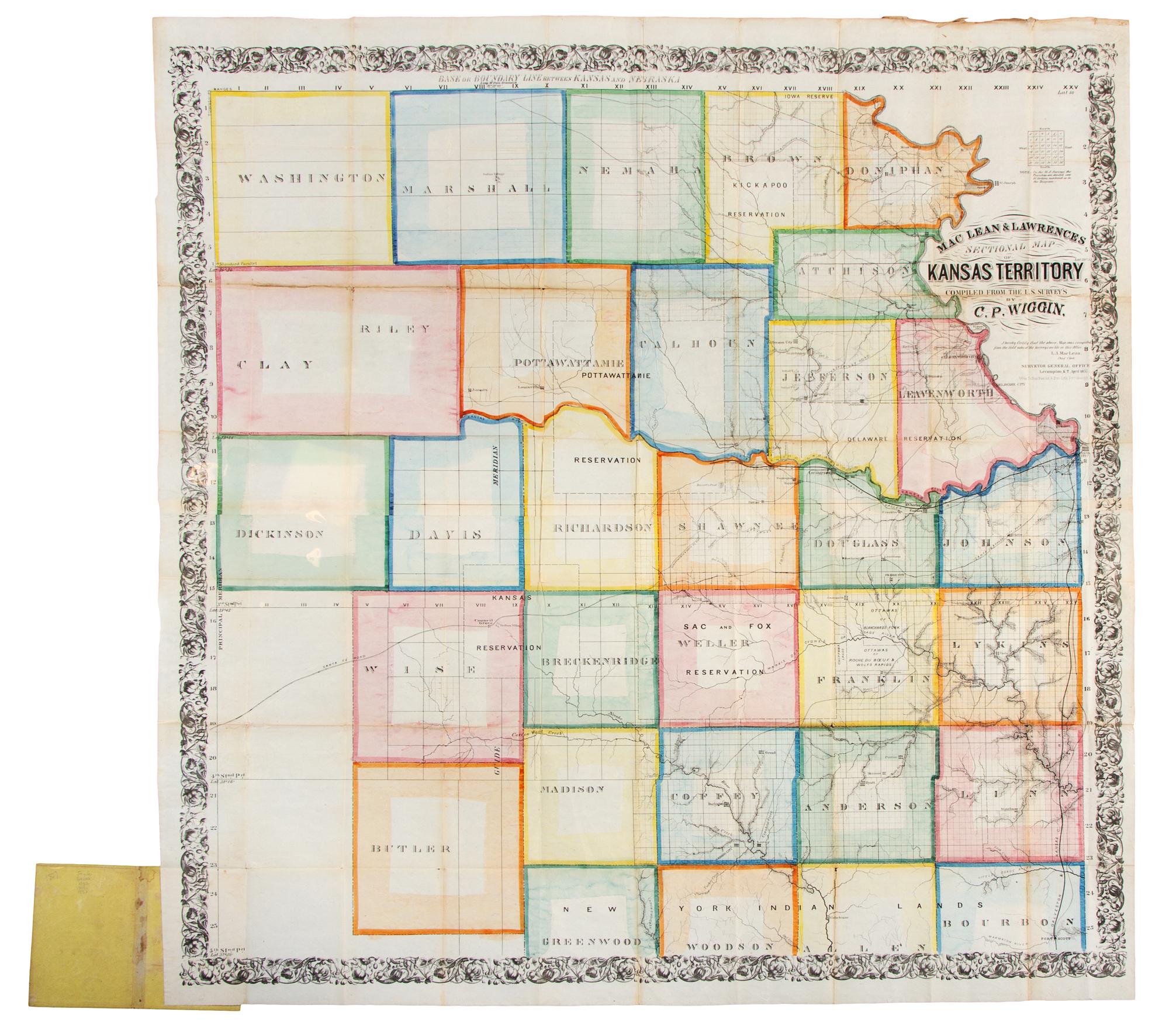 WIGGIN, C.P. Mac Lean & Lawrences Sectional Map of Kansas Territory. Pittsburg [sic]: Wm. Schuchman & Bro. Lith., 1857.