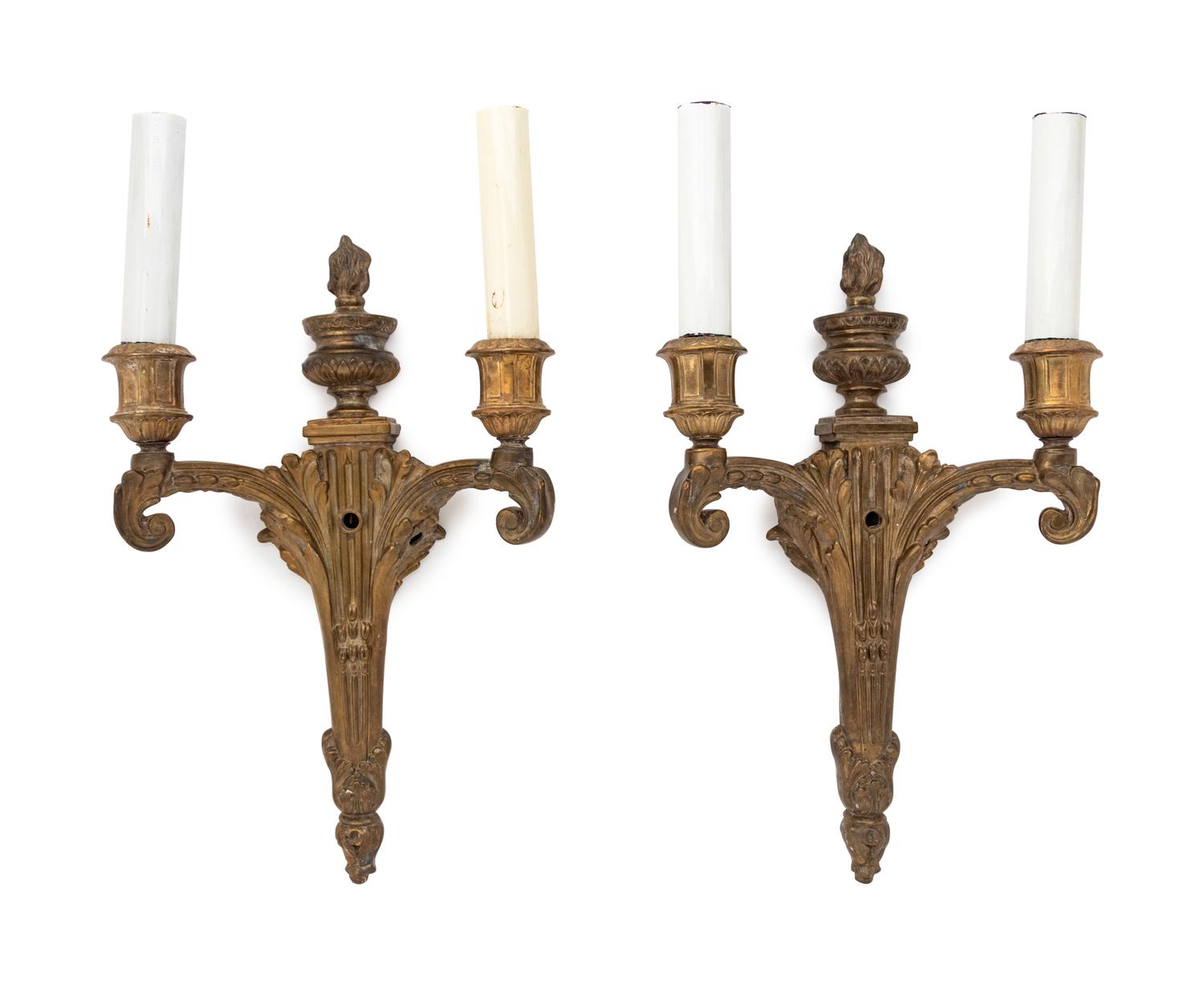 A Set of Six Neoclassical Gilt Bronze Two-Light Sconces