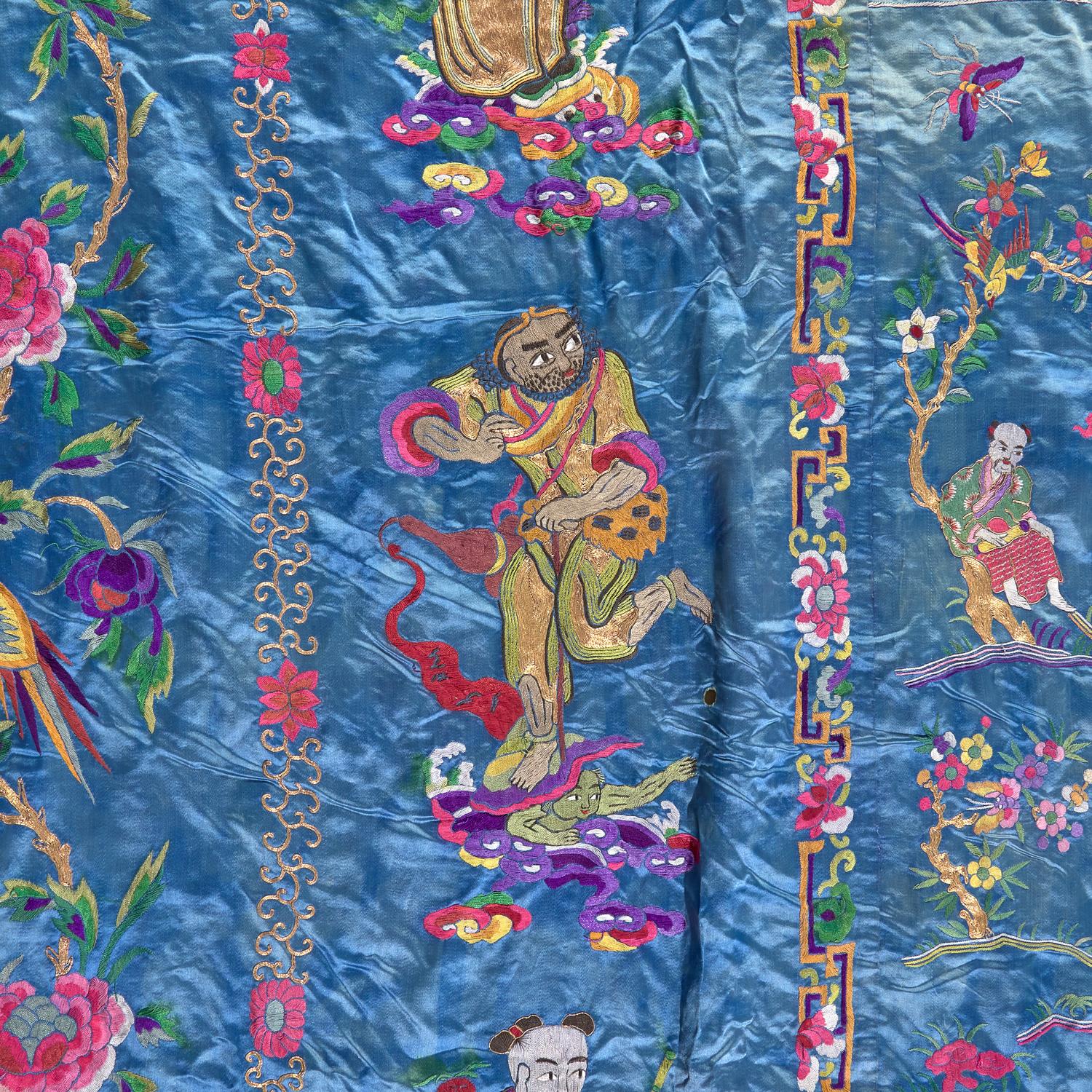 A Massive Chinese Blue Ground Embroidered Silk 'Immortals' Wall Panel, Late 19th/Early 20th Century 清晚期 藍緞地綉群仙祝壽圖挂賬