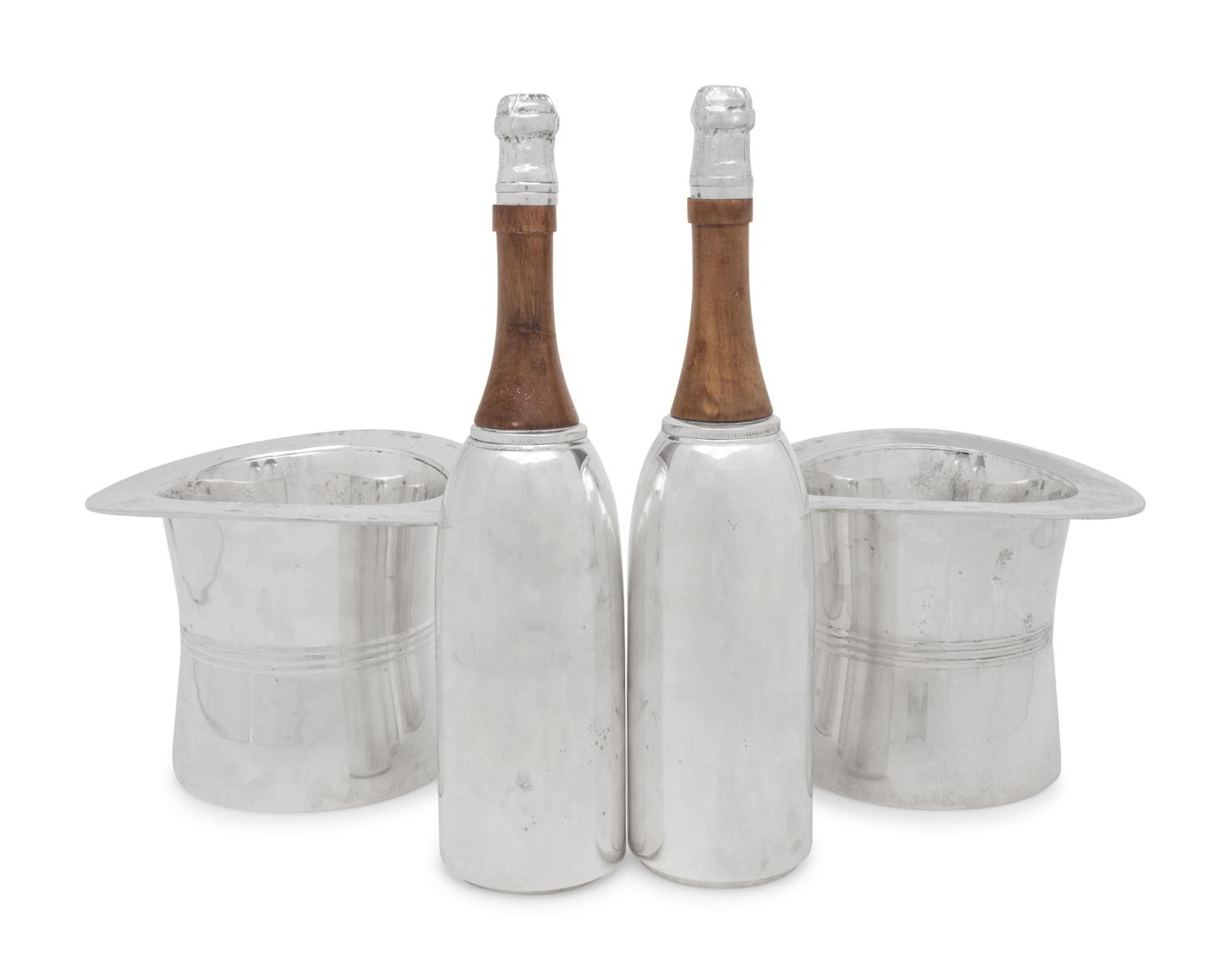 A Pair of Silver-Plate Champagne-Themed Cocktail Shakers and Ice Buckets