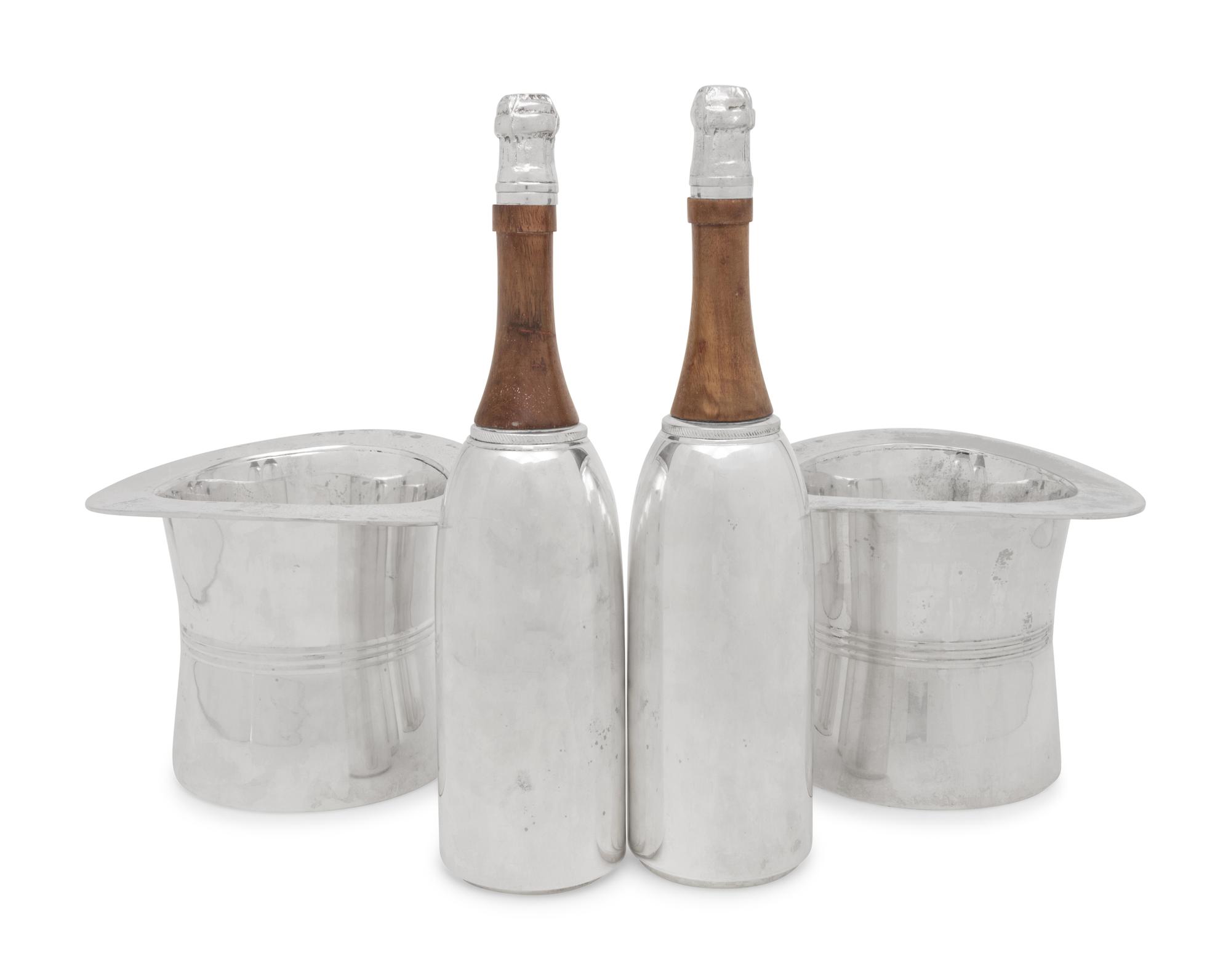 A Pair of Silver-Plate Champagne-Themed Cocktail Shakers and Ice Buckets