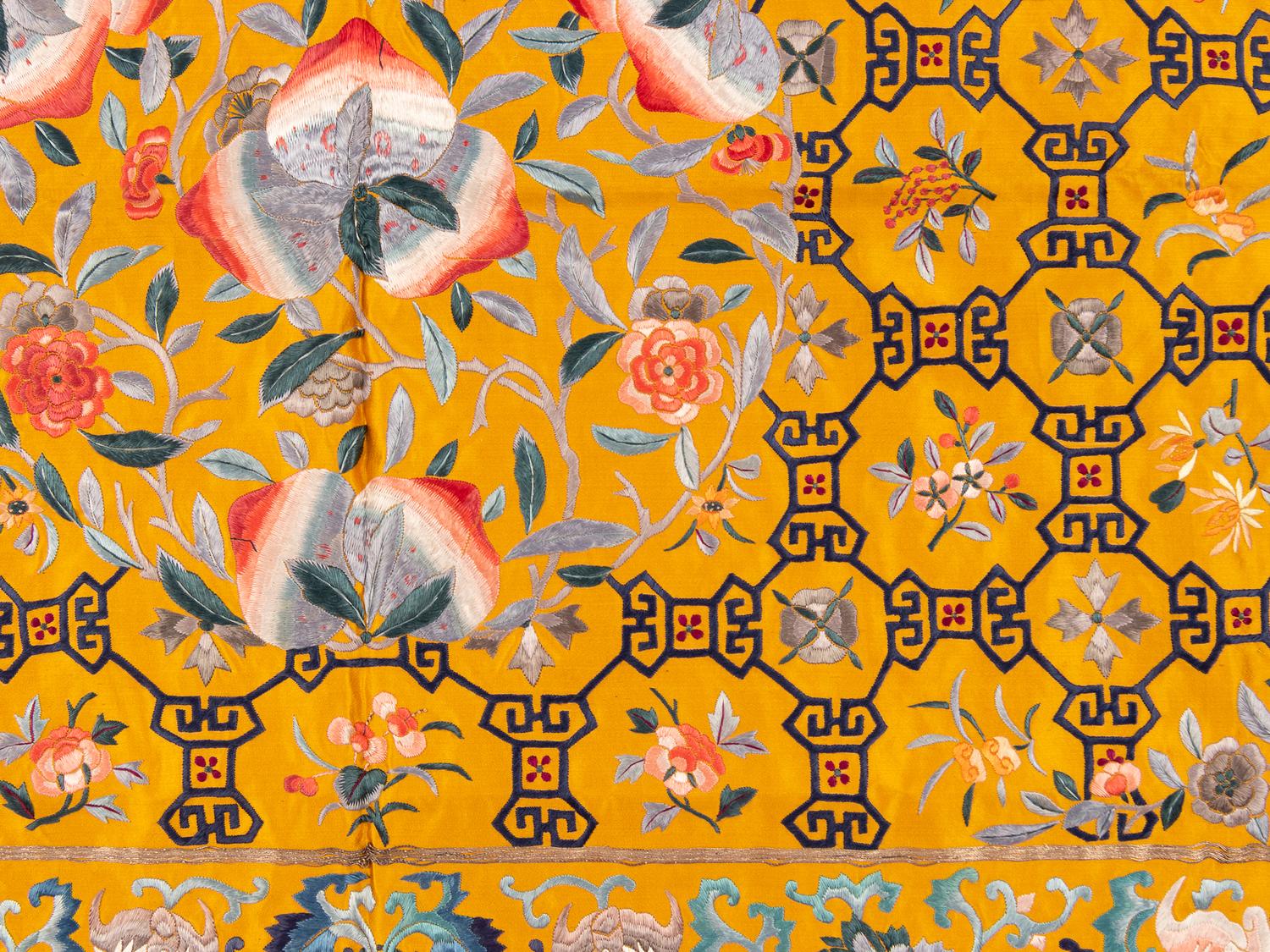 Two Yellow Ground Embroidered Silk Kang Cushion Covers