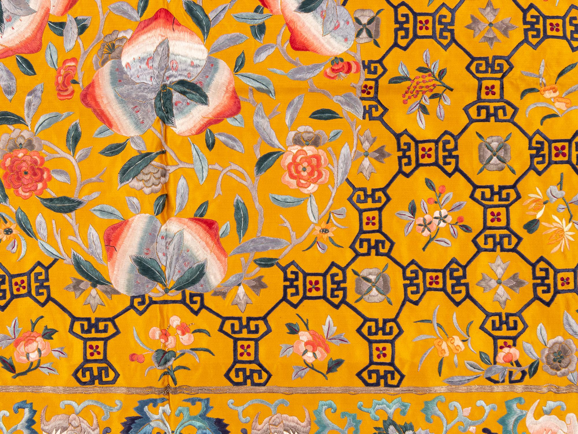 Two Yellow Ground Embroidered Silk Kang Cushion Covers