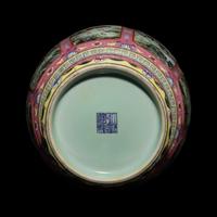 A Chinese Pink Sgraffito Ground Famille Rose Porcelain 'Dogs' Vase, Early-Mid 20th Century — 近現代 胭脂地軋道粉彩纏枝蓮紋開光獵犬圖雙耳瓶 帶木座