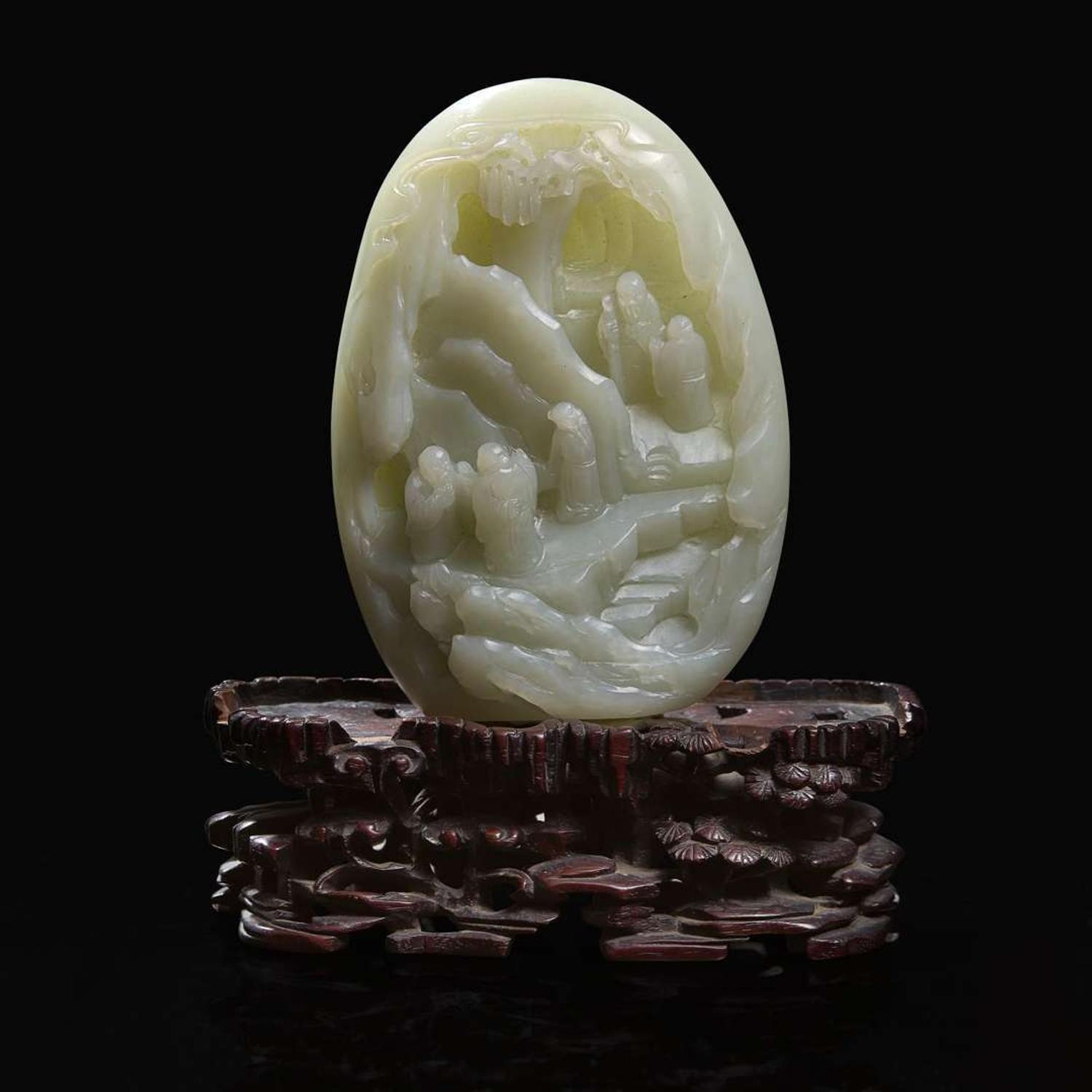 A Chinese pale celadon jade “mountain” depicting sages in landscape 青白玉山子 The jade 19th century or later ?????????