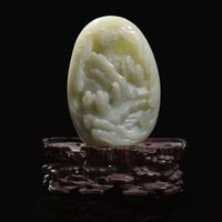 A Chinese pale celadon jade “mountain” depicting sages in landscape 青白玉山子 The jade 19th century or later ?????????