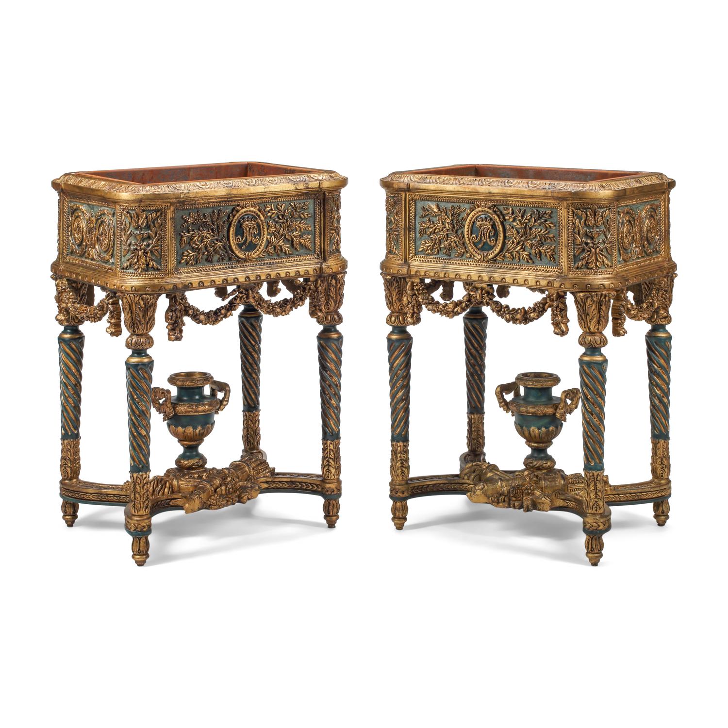 A Pair of Italian Neoclassical Style Painted and Parcel-Gilt Jardinières