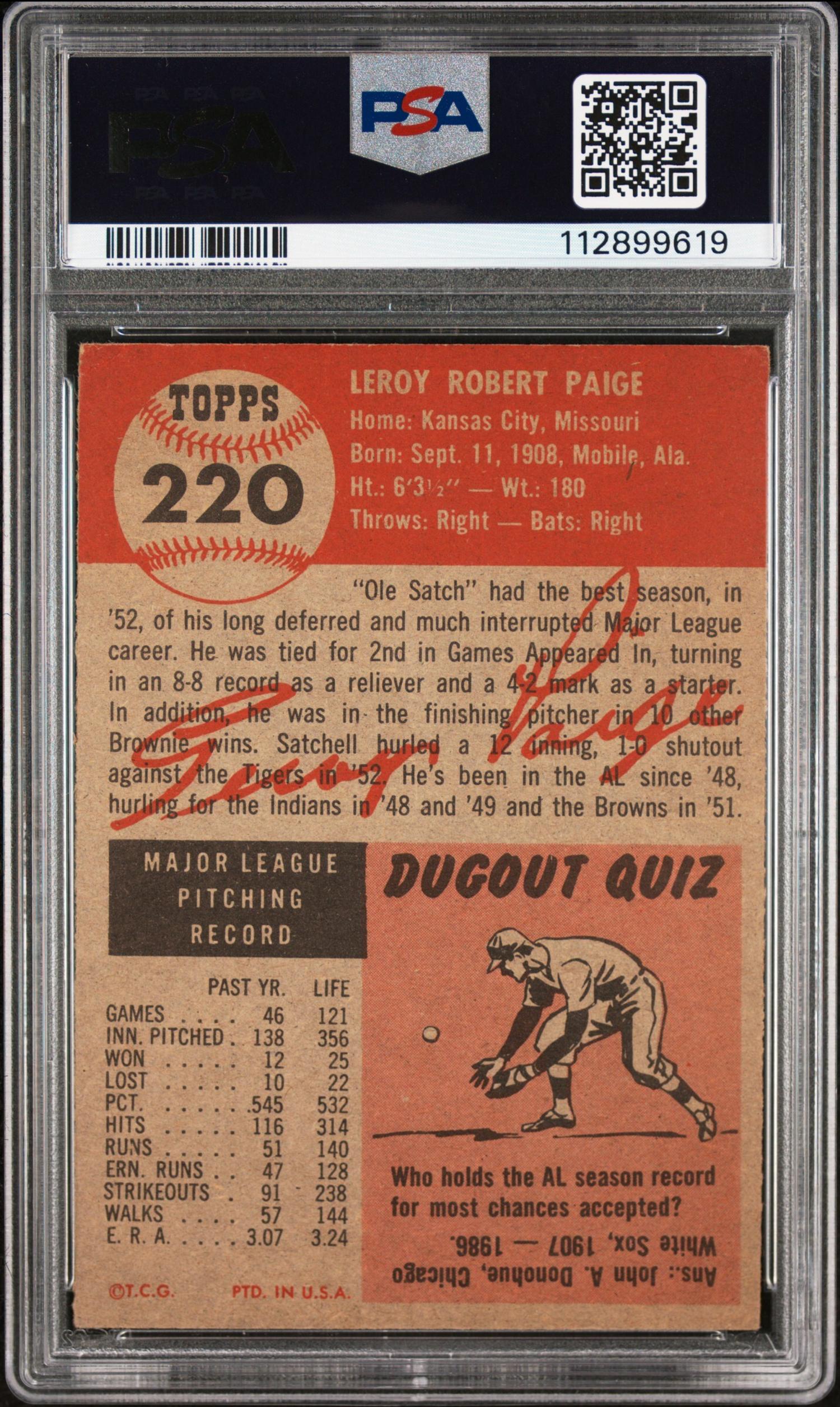 A 1953 Topps Satchel Paige Baseball Card No. 220 (PSA 3.5 VG+)