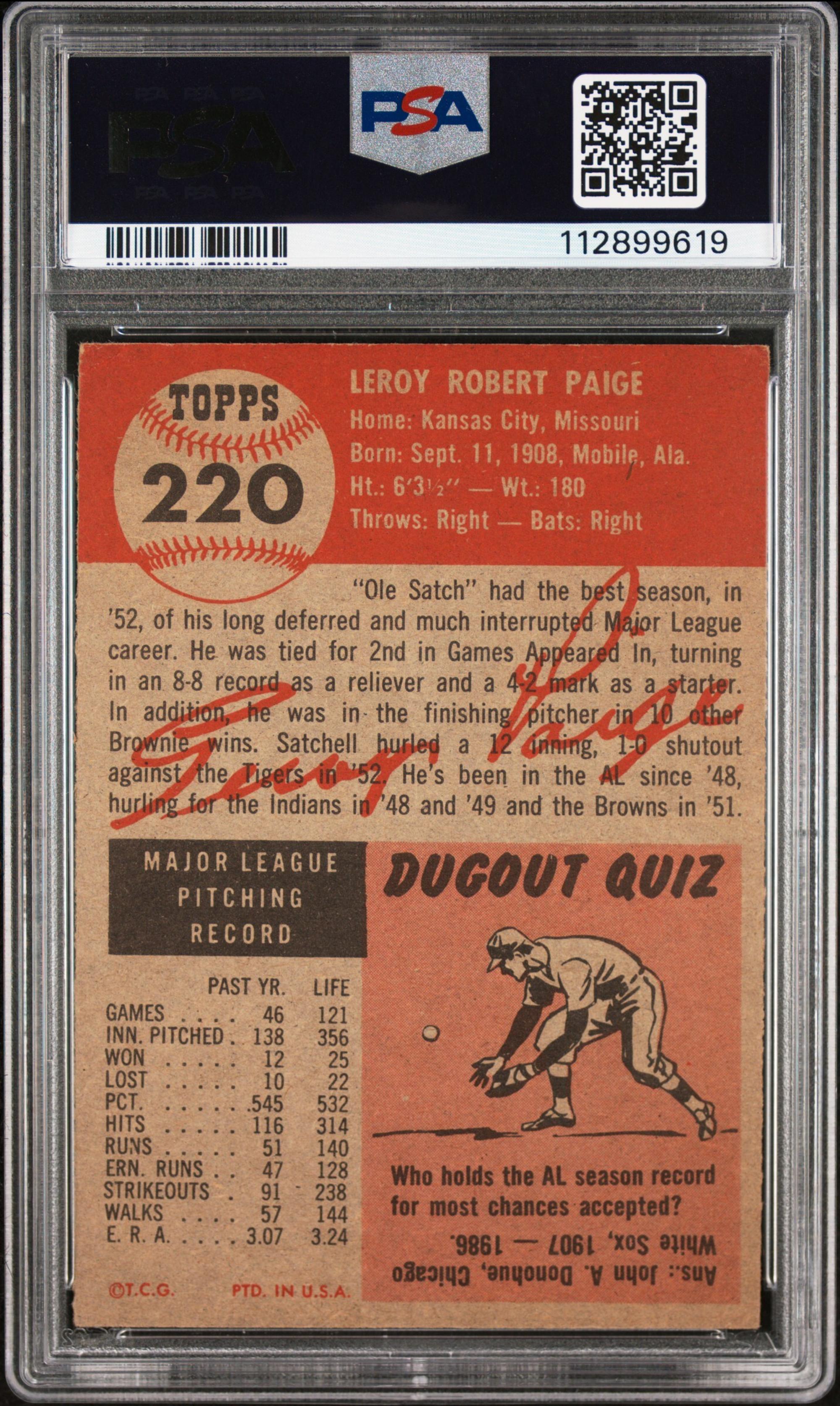 A 1953 Topps Satchel Paige Baseball Card No. 220 (PSA 3.5 VG+)