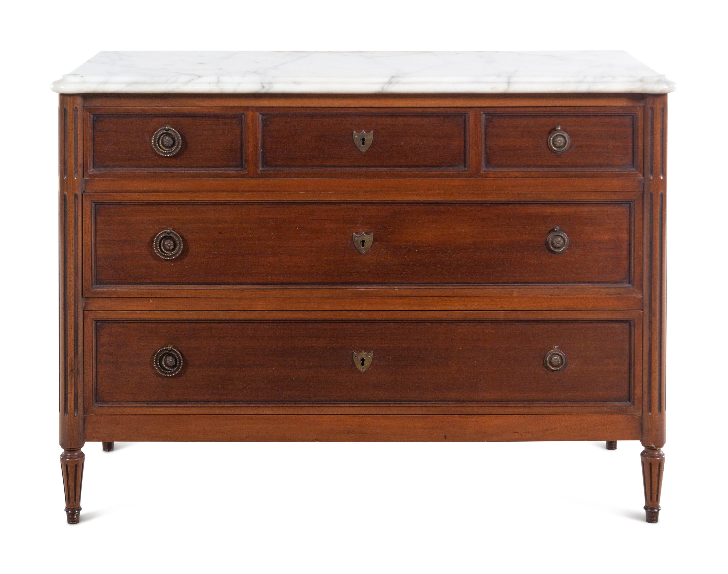 A Louis XVI Style Mahogany Marble-Top Commode