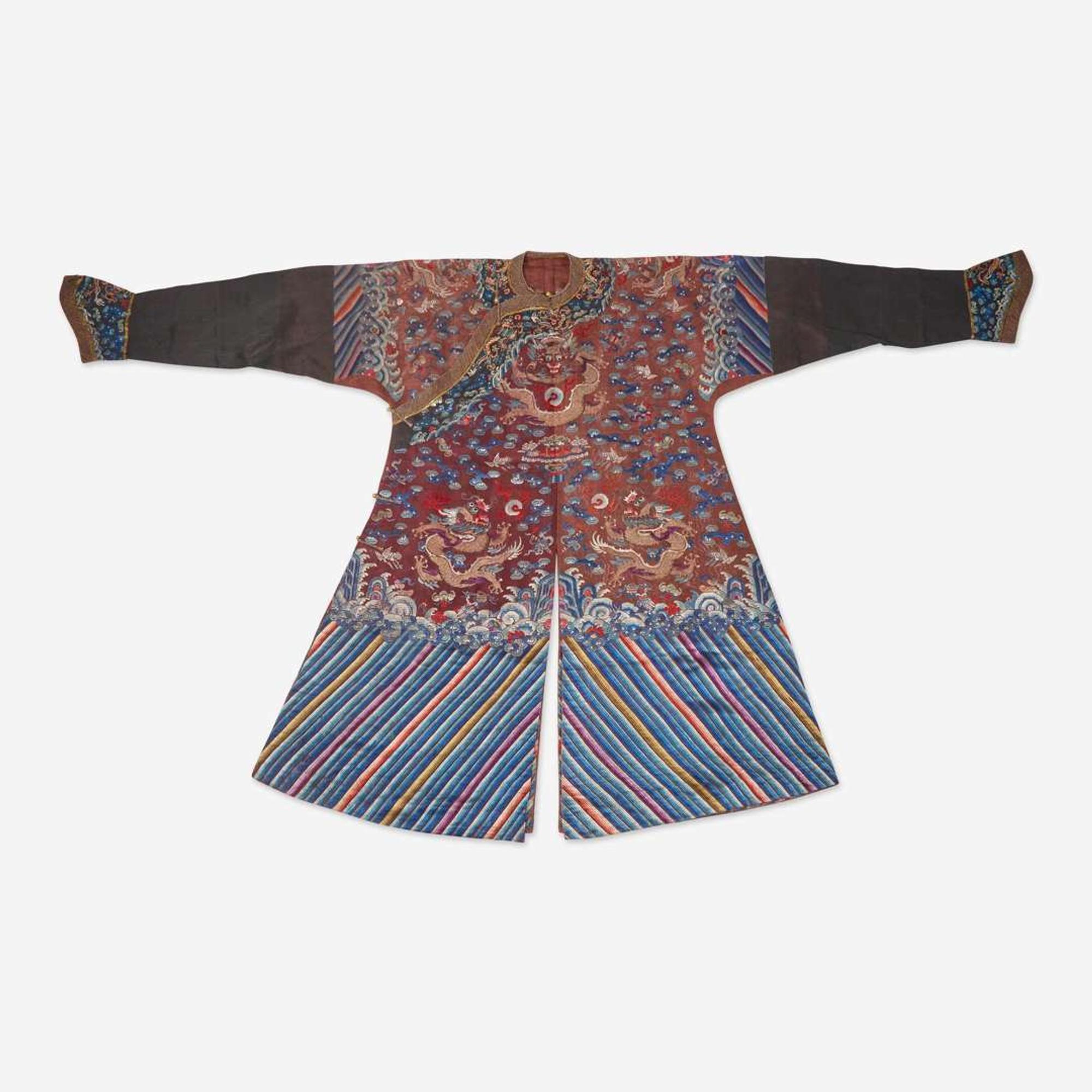 A Chinese counted-stitch silk-embroidered gauze "Nine-Dragon" robe 刺绣九龙长袍一件 Qing dynasty ?